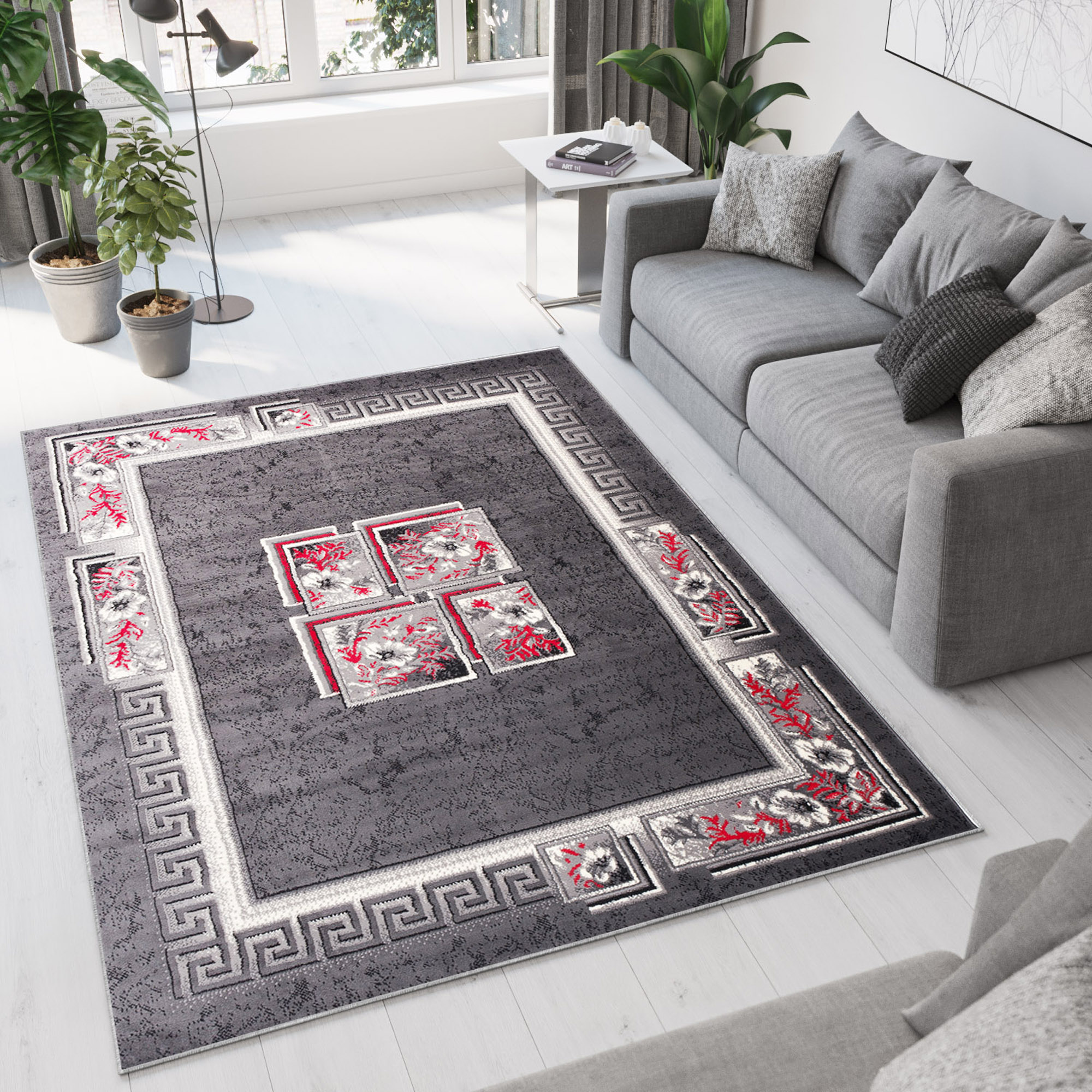 Area Rug Dream Grey Red Flowers Squares