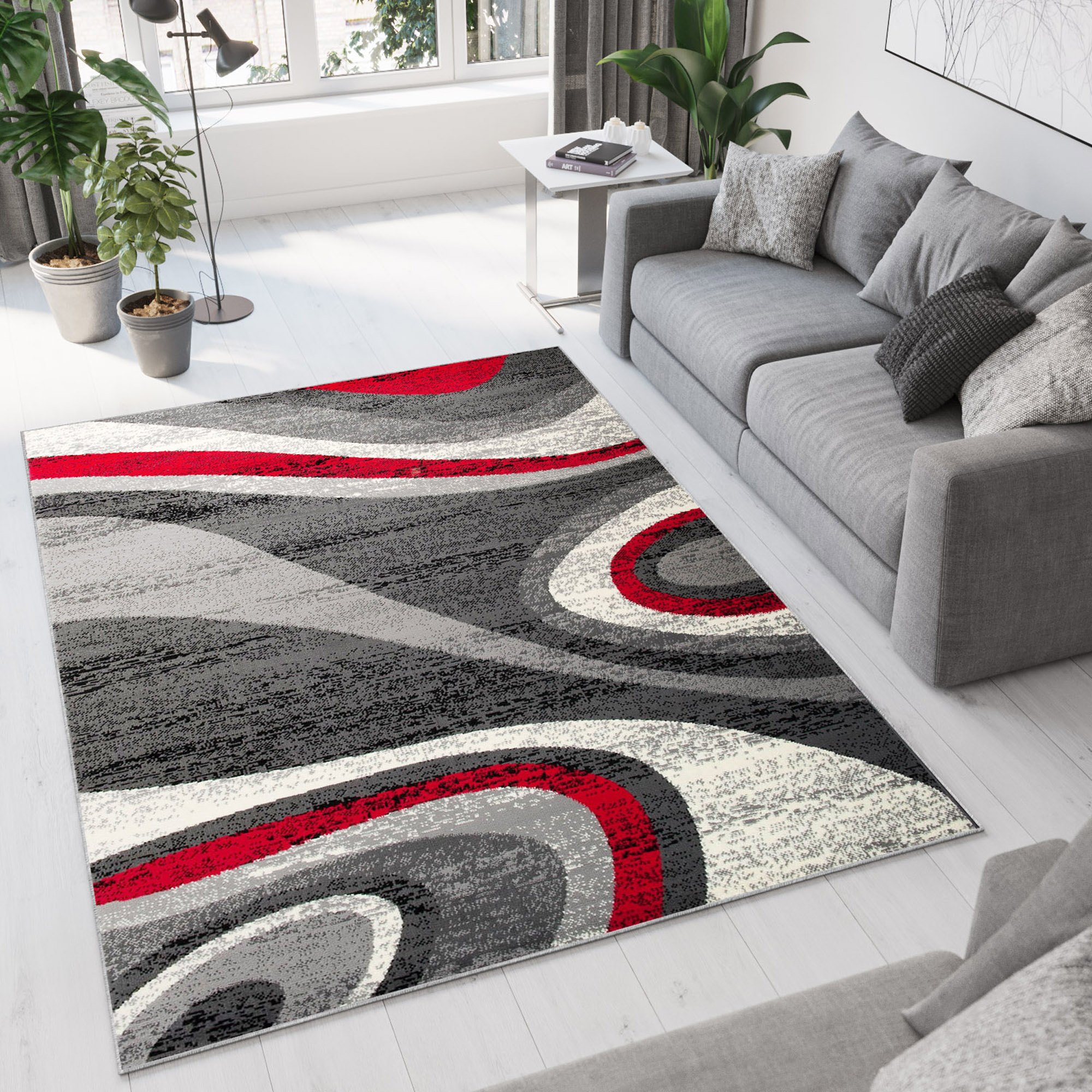 Area Rug Dream Modern Dark Grey Red Waves