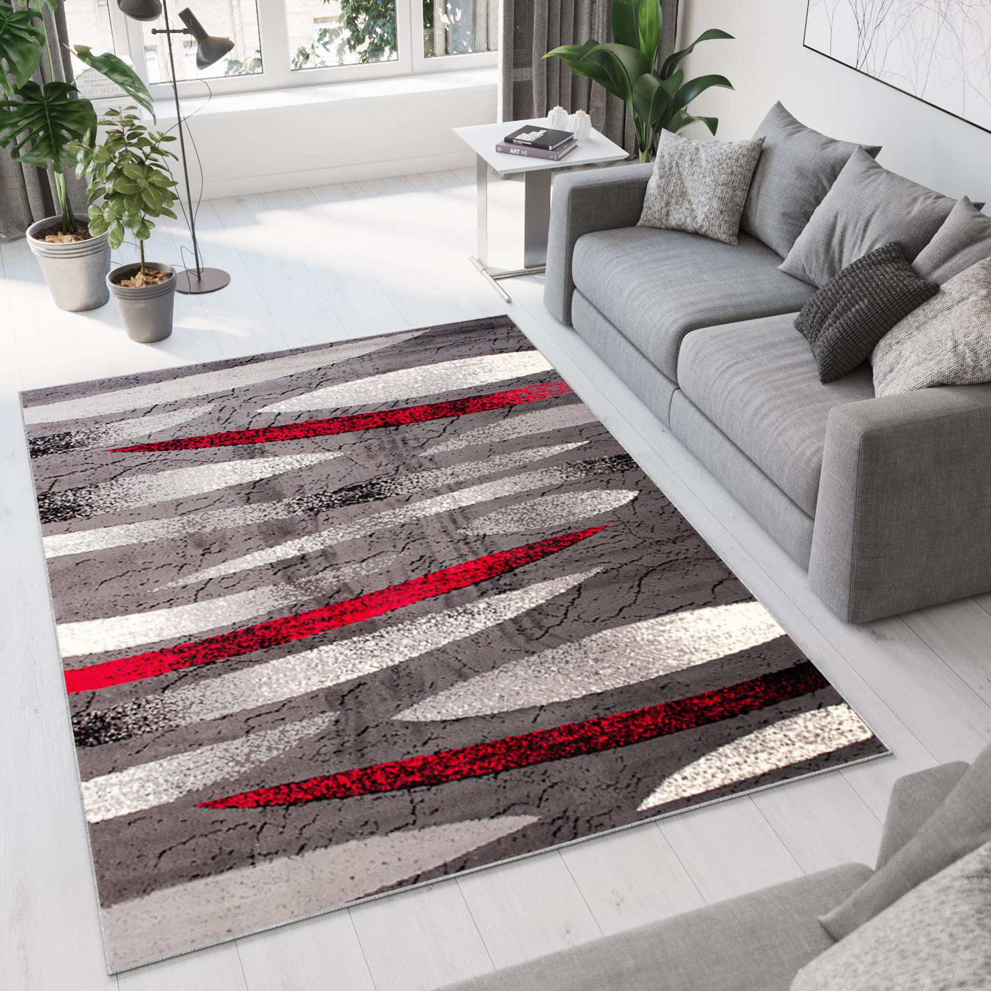 Area Rug Dream Modern Grey Red Lines