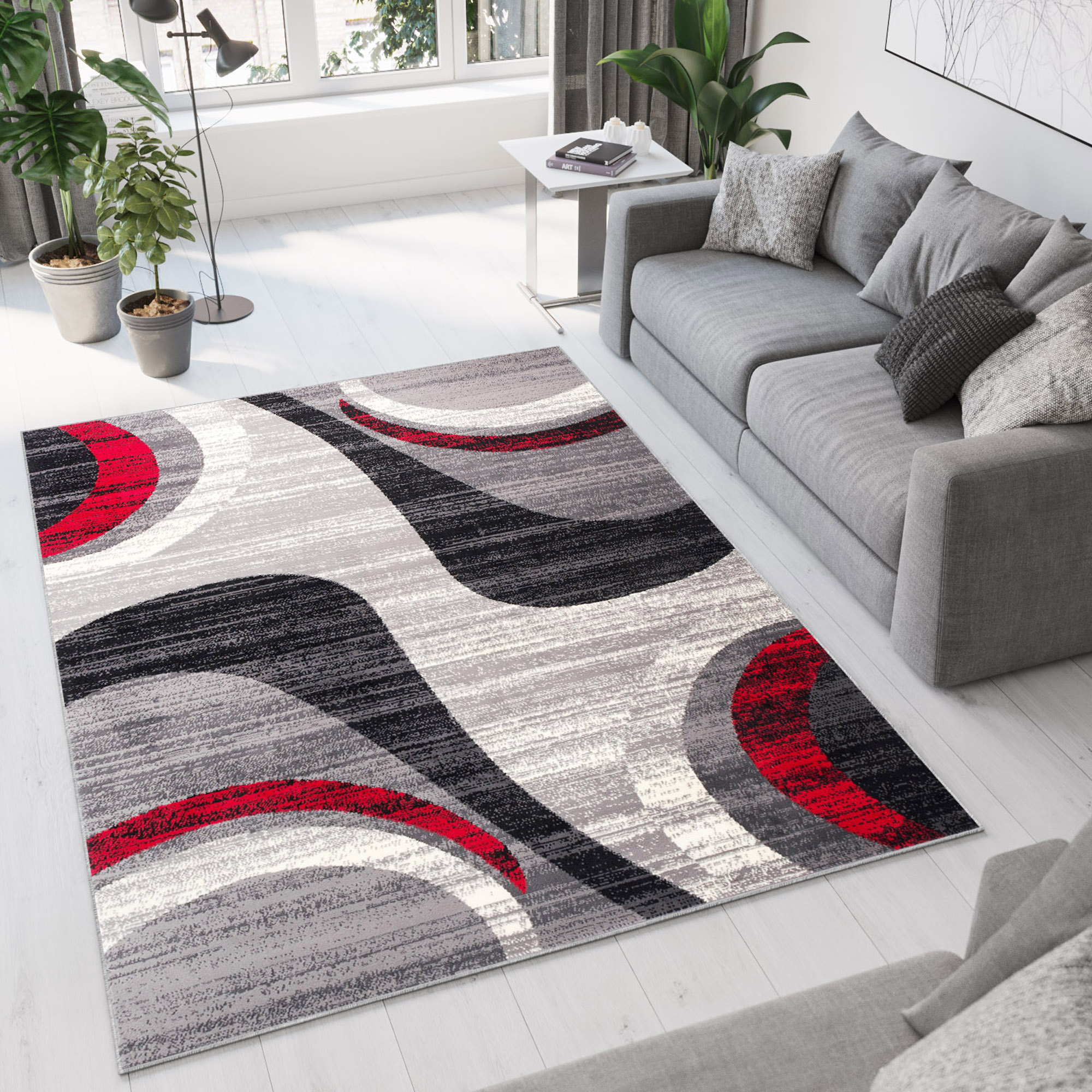 Area Rug Dream Modern Light Grey Red Waves