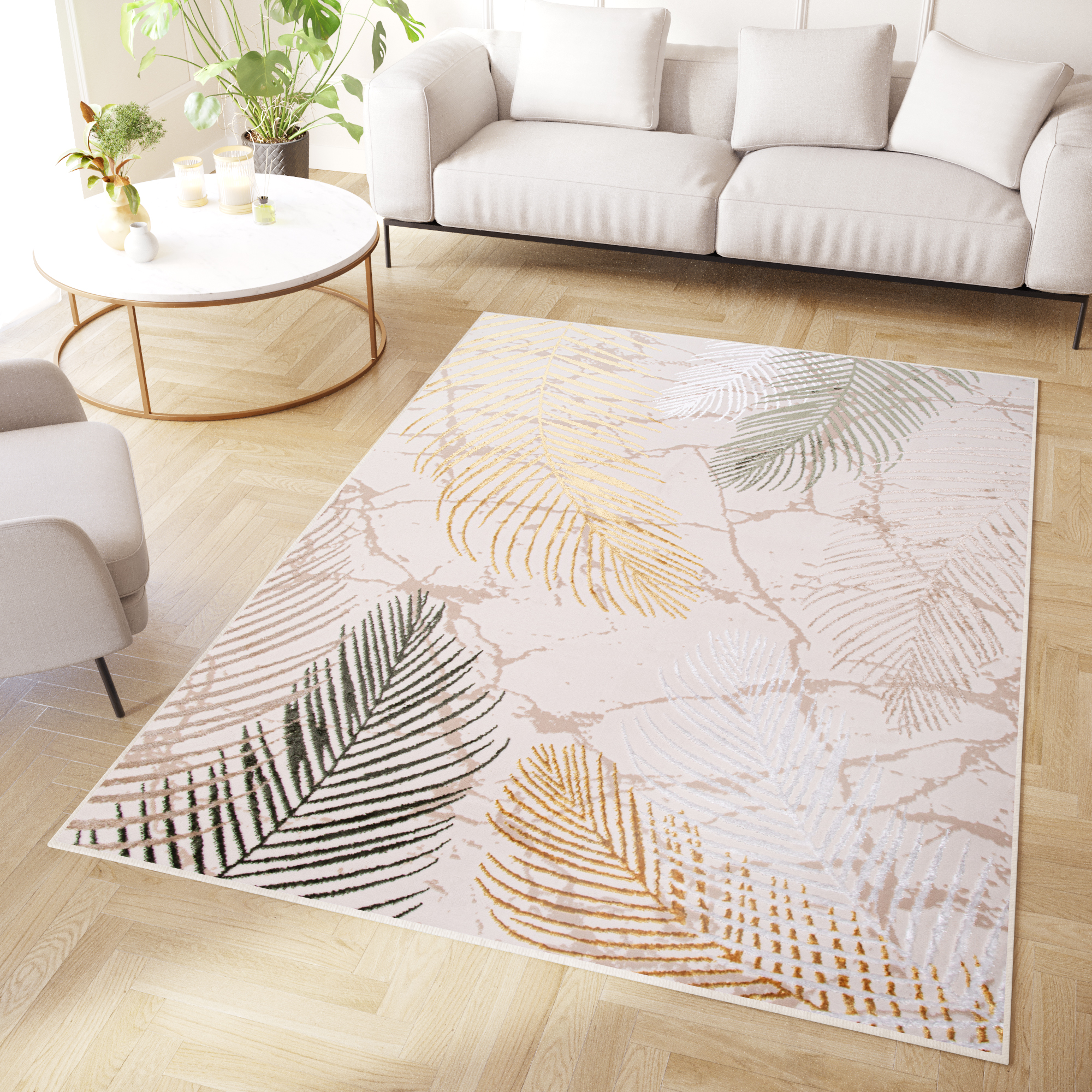Area Rug Crystal Green Gold Cream Leaves 3D Effect