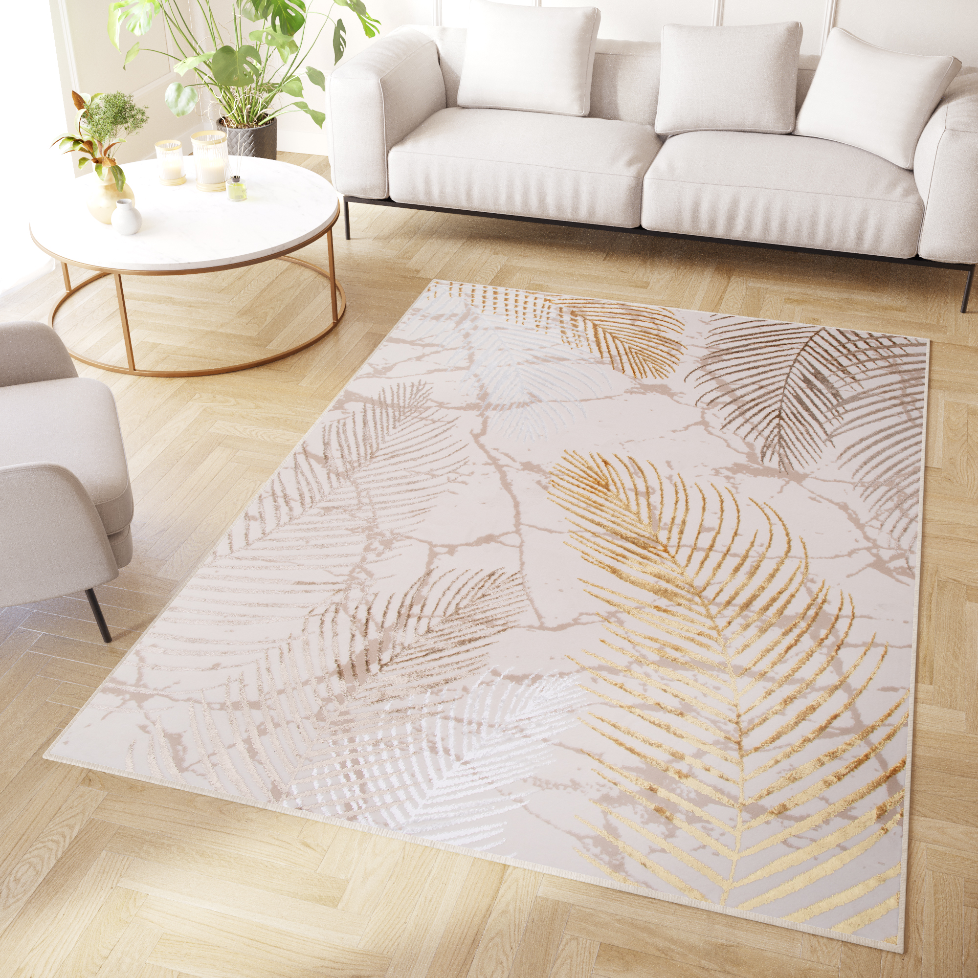 Area Rug Crystal Gold Brown Cream Leaves 3D Effect