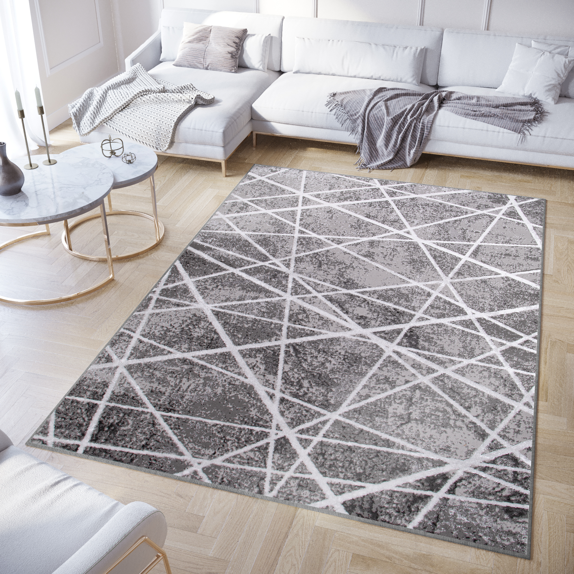 Area Rug Crystal Grey White Geometric Lines 3D Effect