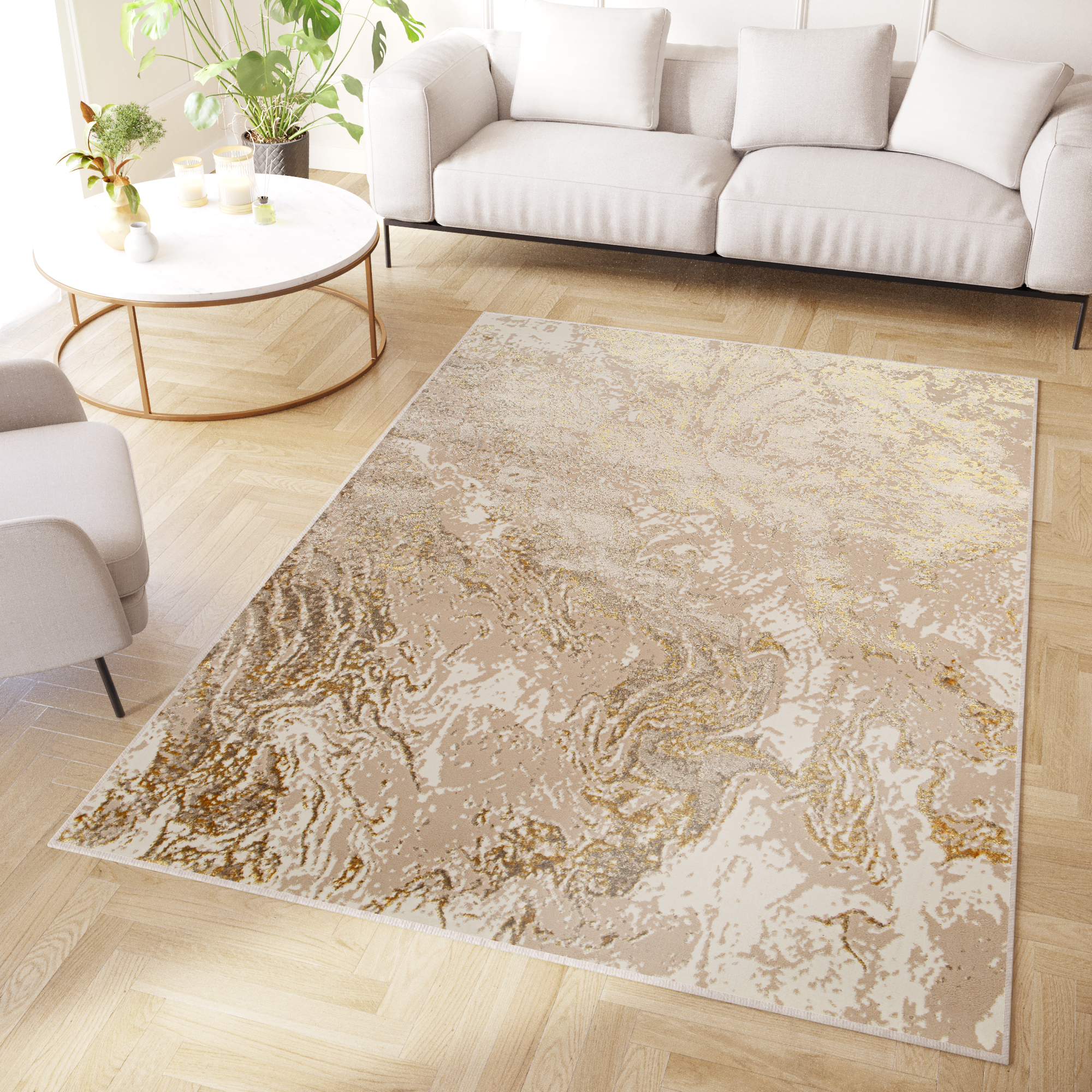 Area Rug Crystal Beige Gold Cream Marble 3D Effect