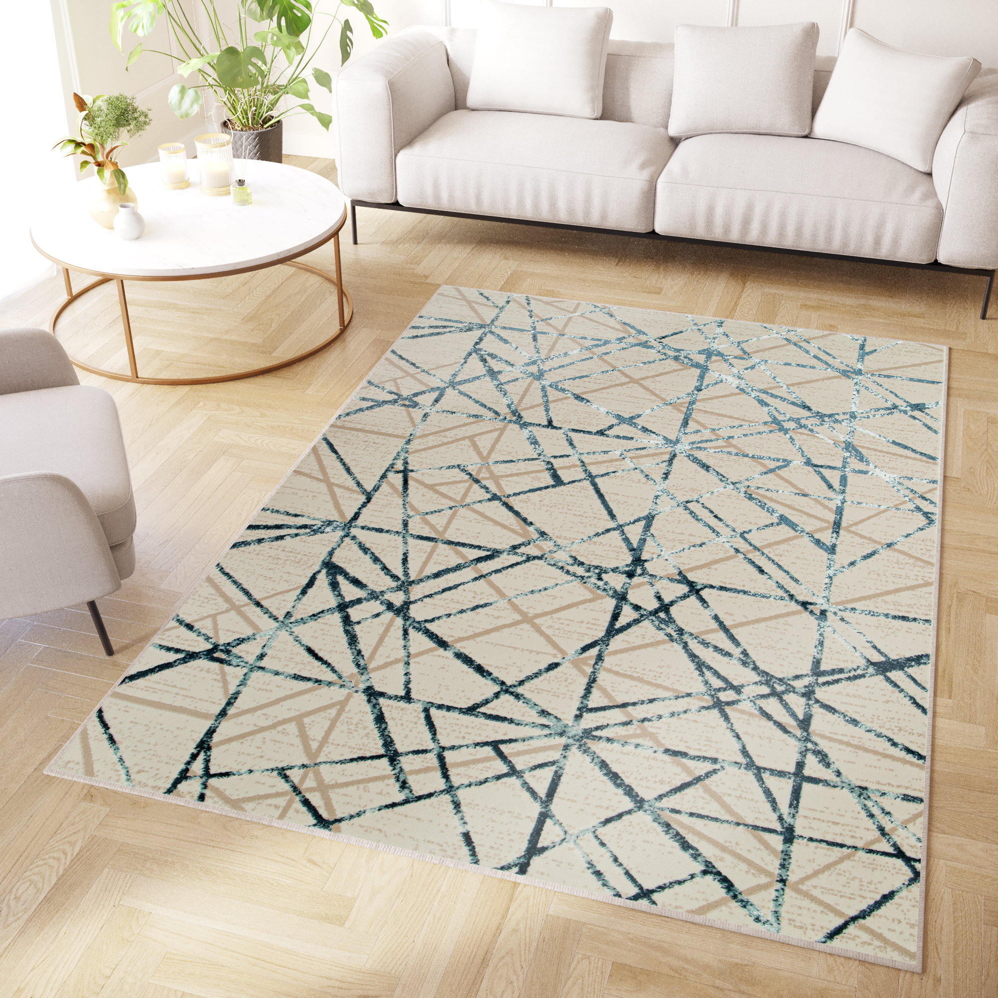 Area Rug Crystal Blue Beige Abstract Lines 3D Effect