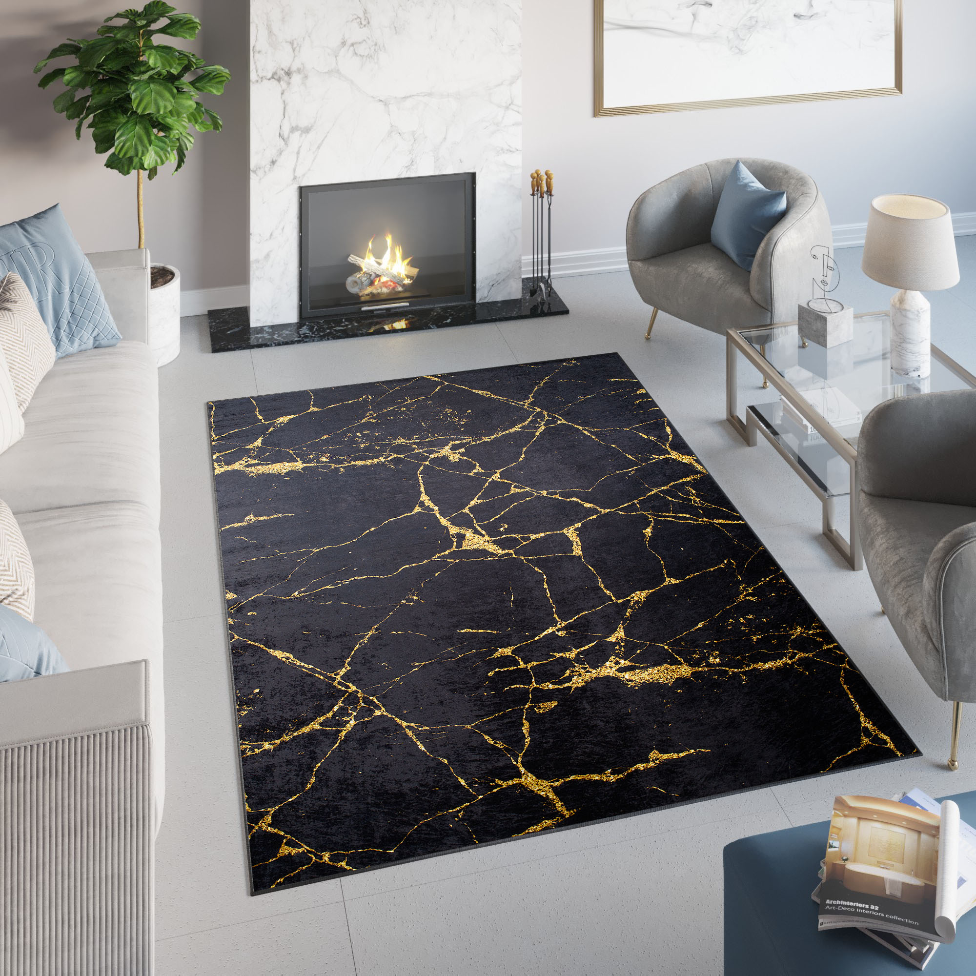 Area Rug Toscana Glamour Black Gold Marble