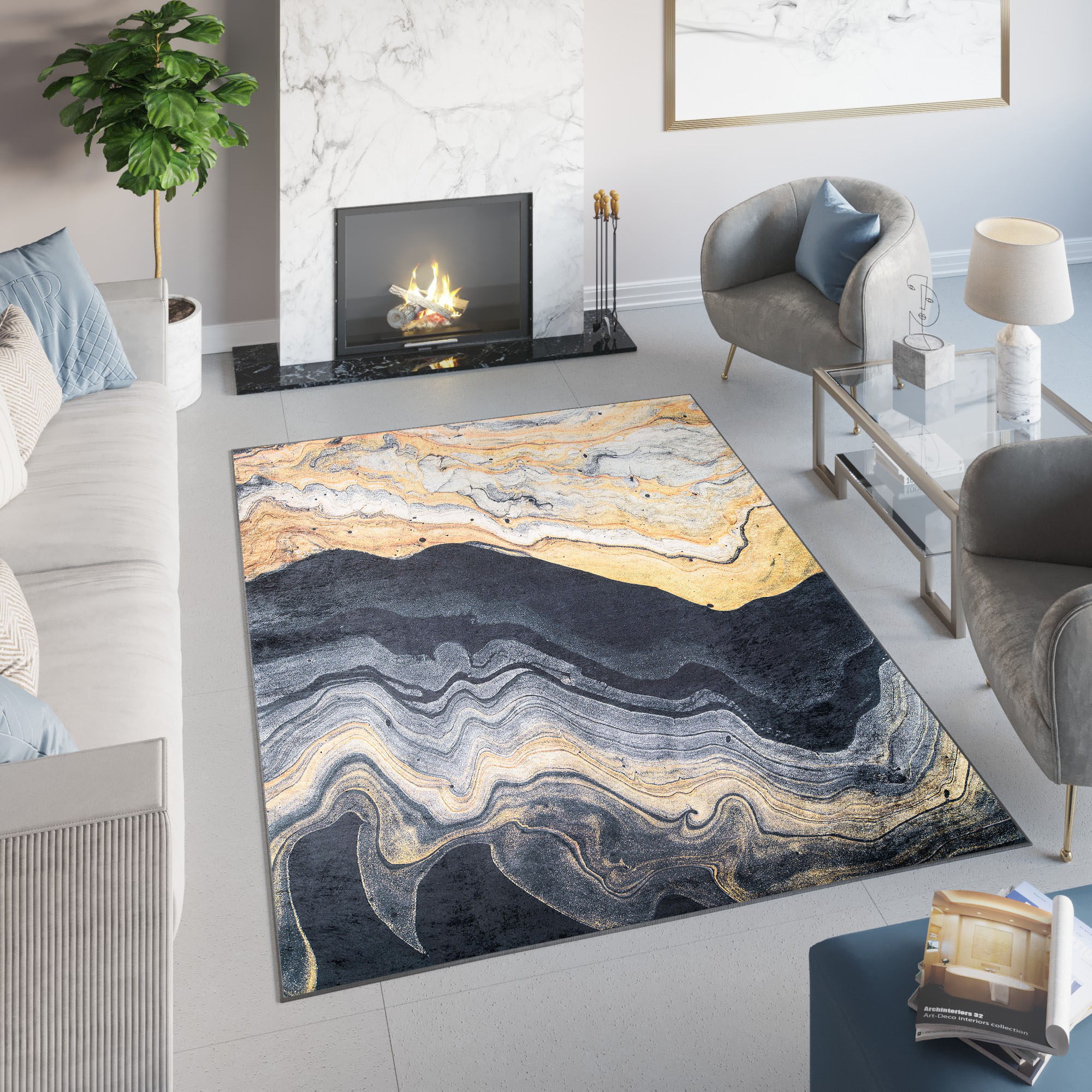 Area Rug Grey Gold Agate Anti-Slip