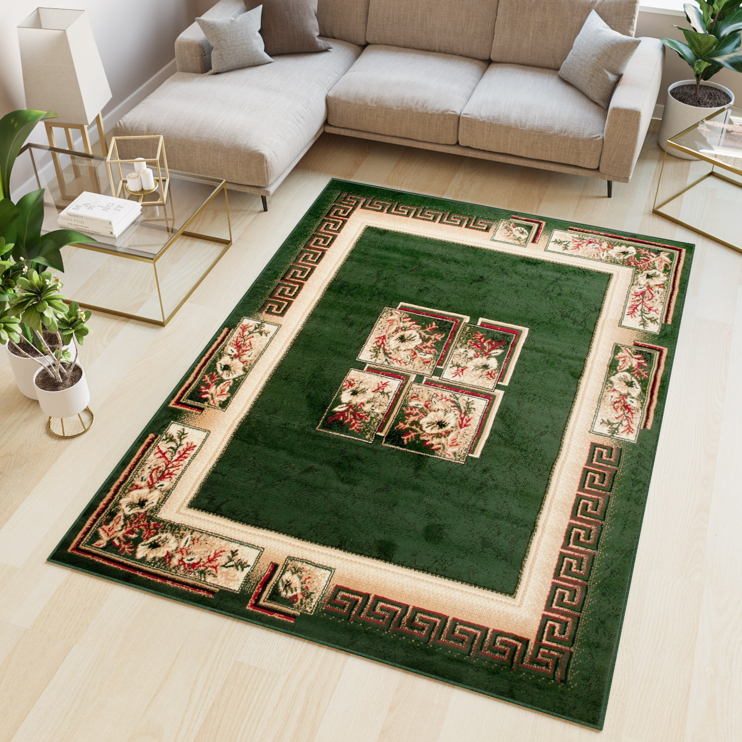 Area Rug Atlas Traditional Classic Greek Floral Green Beige