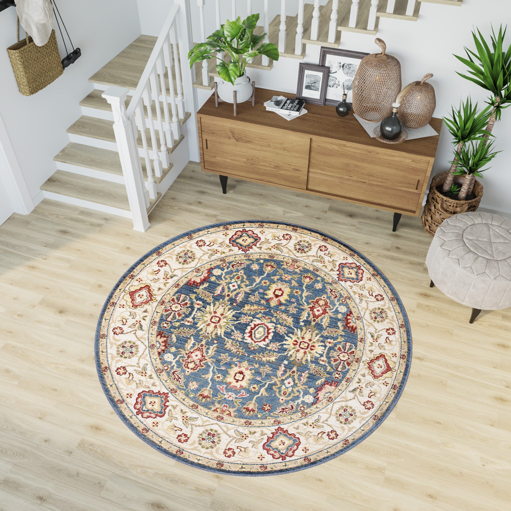 Area Rug Rivoli Round Blue Cream Traditional