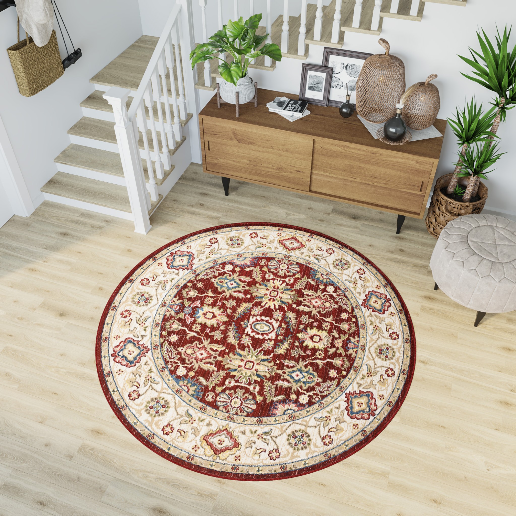 Area Rug Rivoli Round Red Cream Traditional