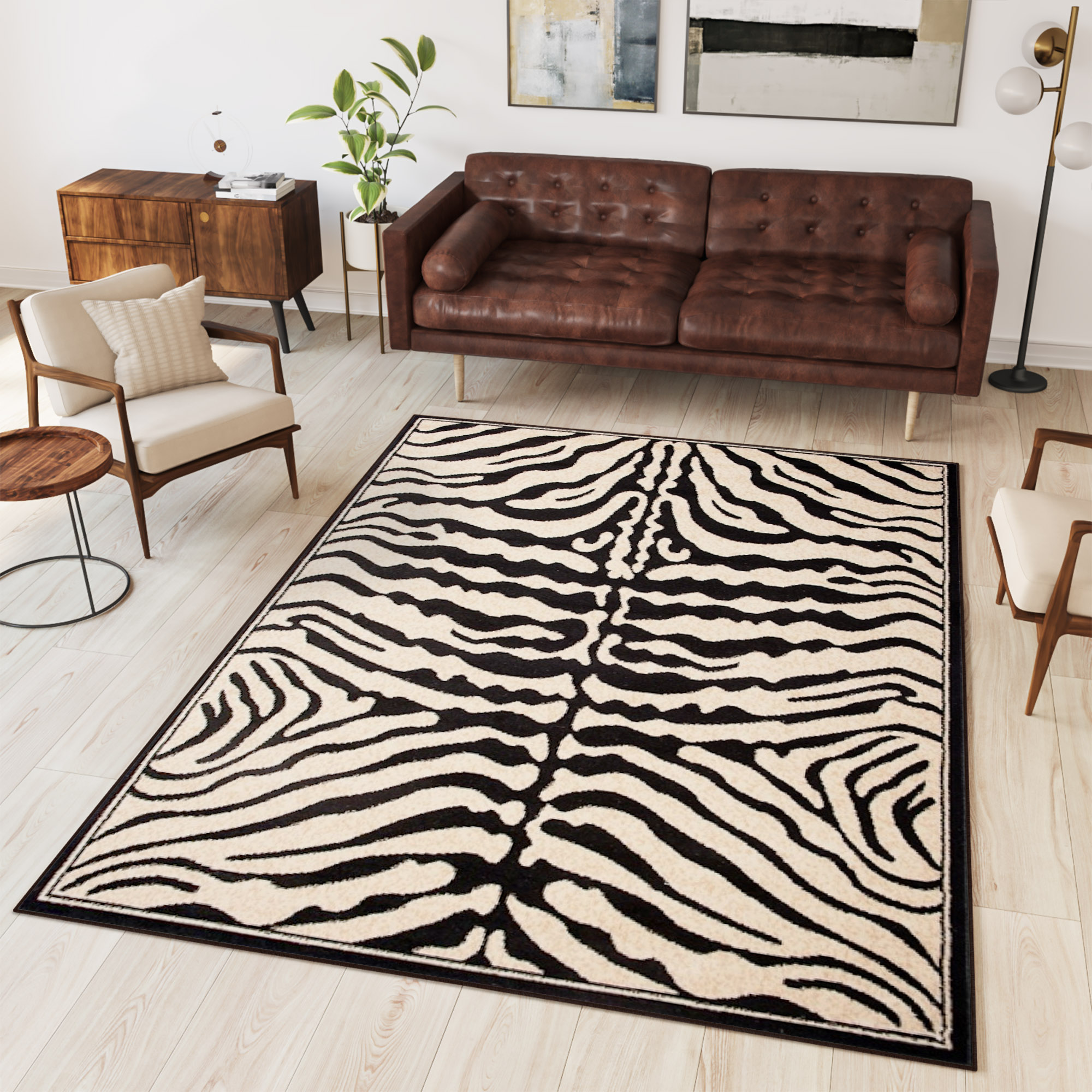 Area Rug Atlas Short Pile Safari Zebra Cream Black