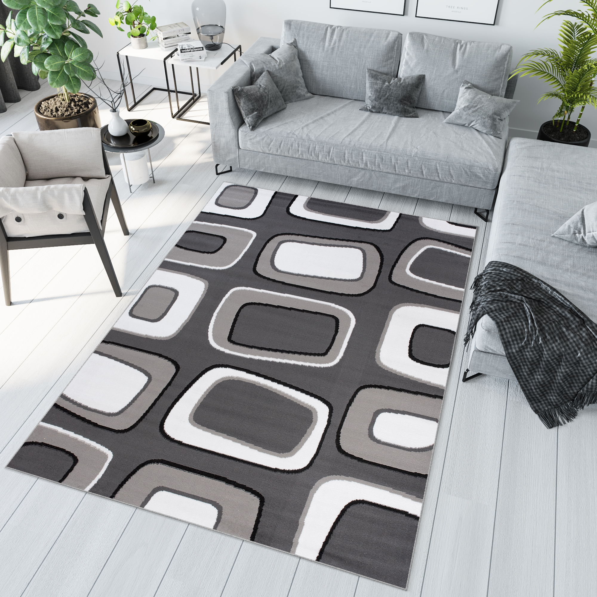 Area Rug Maya Geometric Grey White Durable Carpet