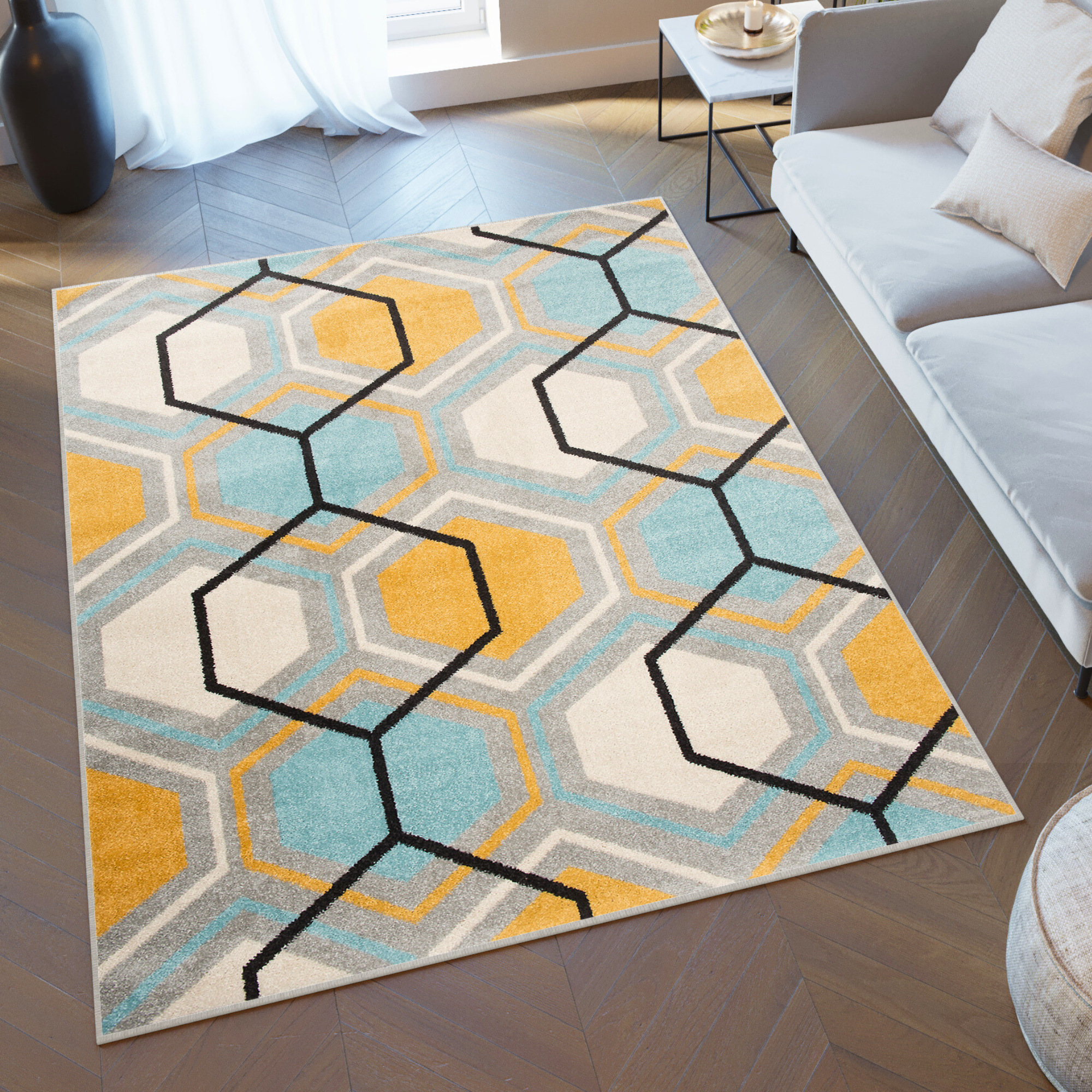 Area Rug Lazur Geometric Hexagon Grey Yellow Blue