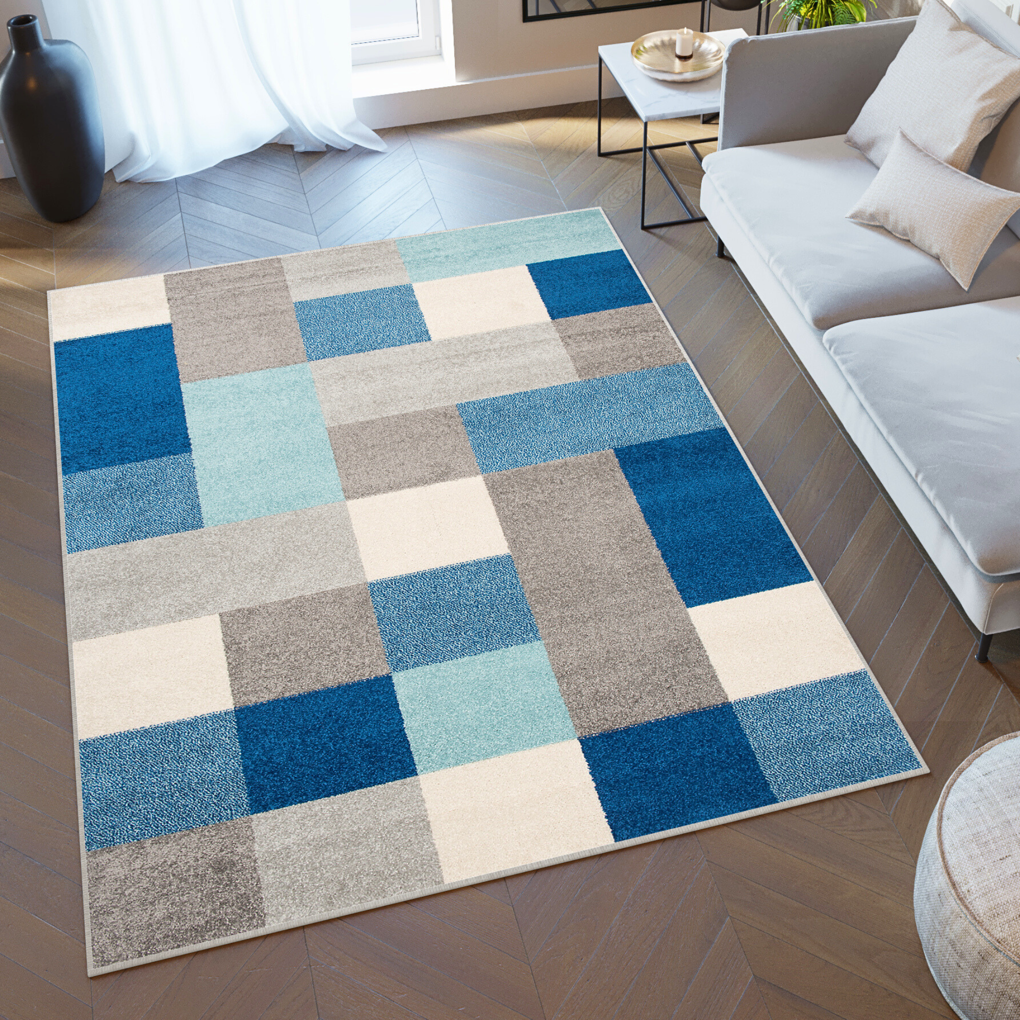 Area Rug Lazur Geometric Squares Grey Blue