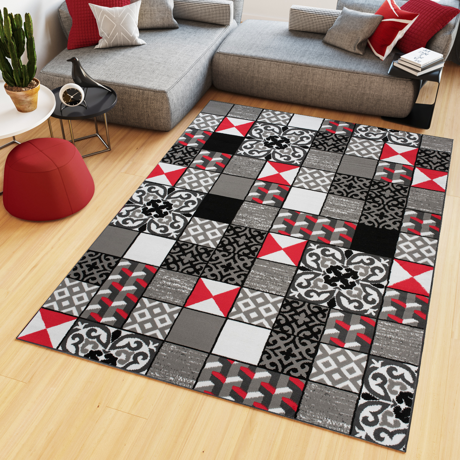 Area Rug Maya Modern Short Pile Mosaic Designer Grey Red