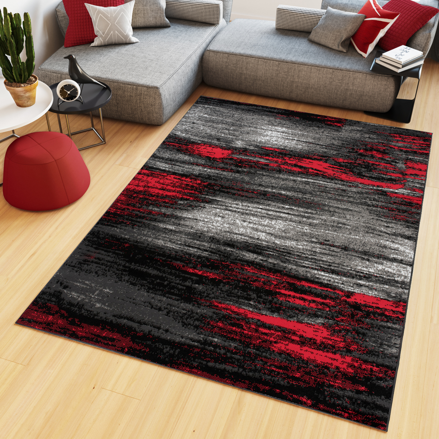Area Rug Maya Modern Abstract Contemporary Short Pile Grey Red