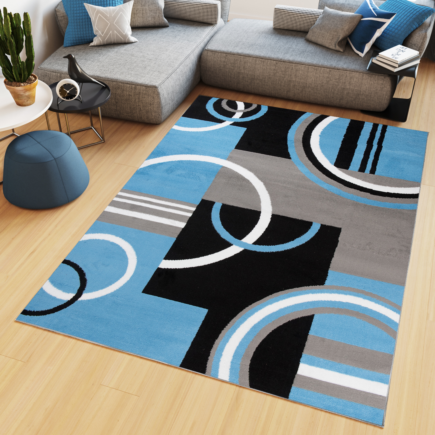 Area Rug Maya Modern Short Pile Circles Geometric Blue Grey