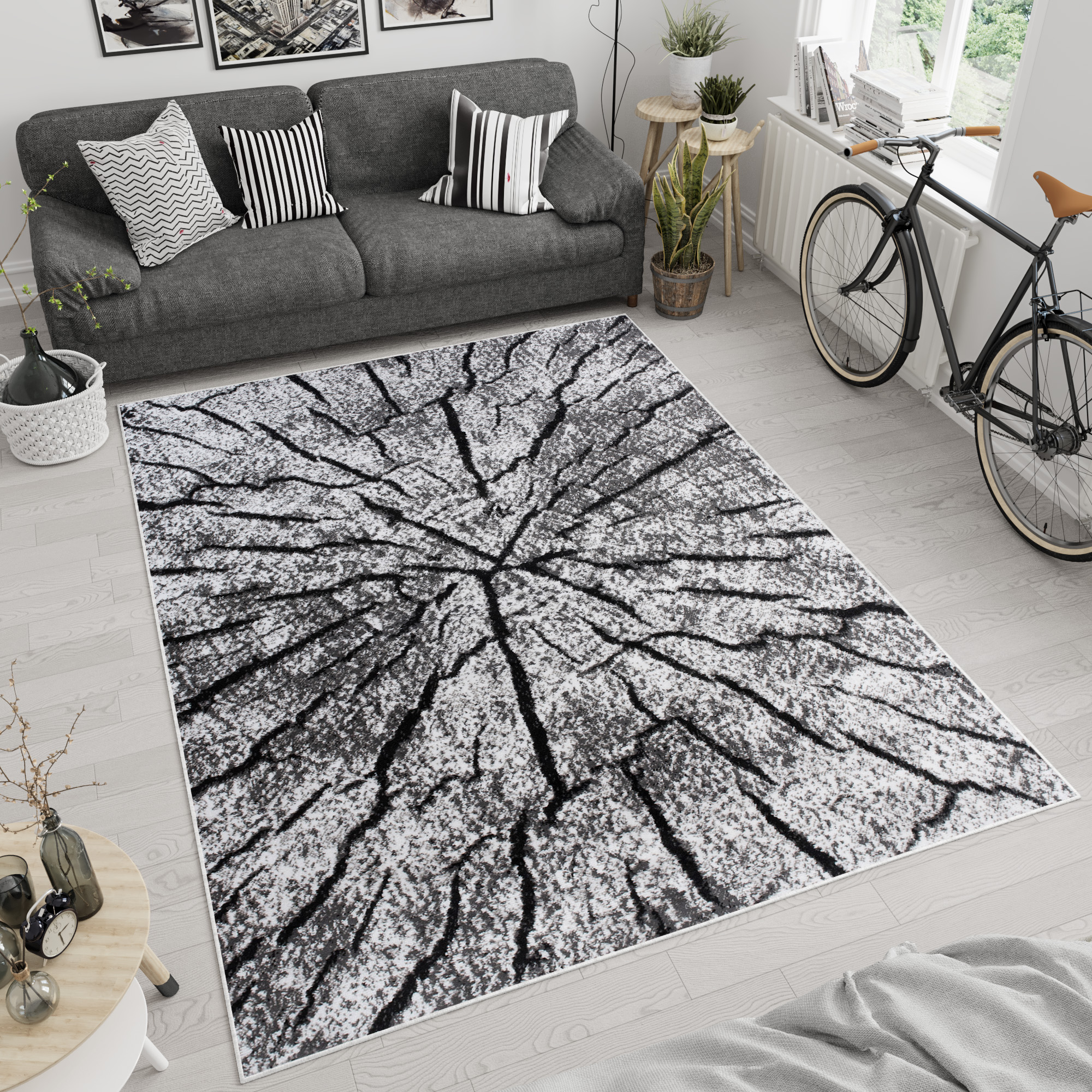 Area Rug Luxury Short Pile Wooden Forest Grey White