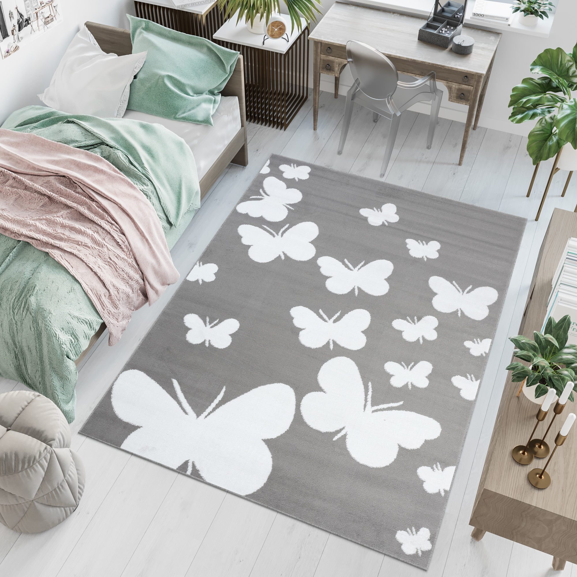 Area Rug Luxury Short Pile Butterfly Grey White Teenager