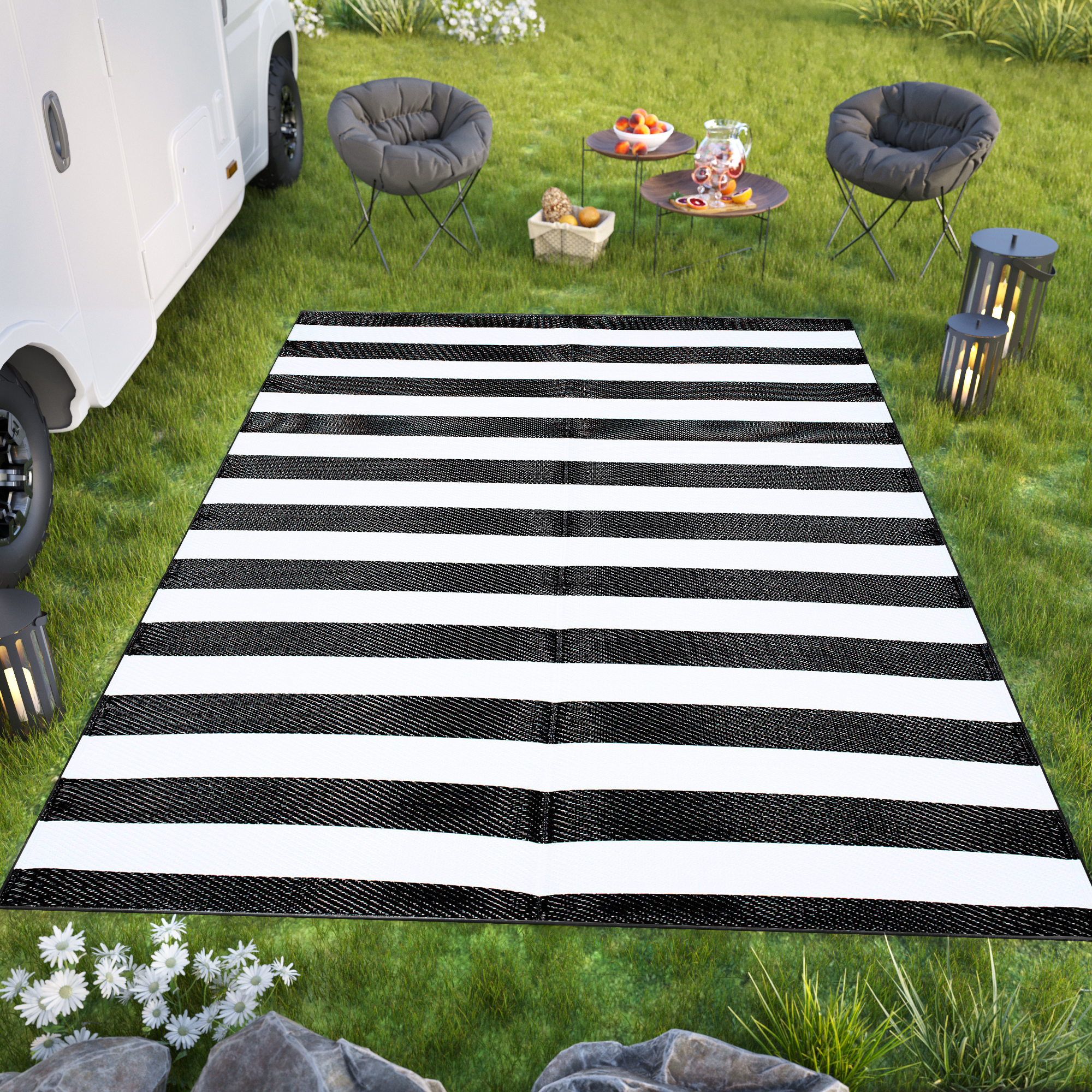 Area Rug Ibiza Outdoor Reversible Waterproof Black White Stripes