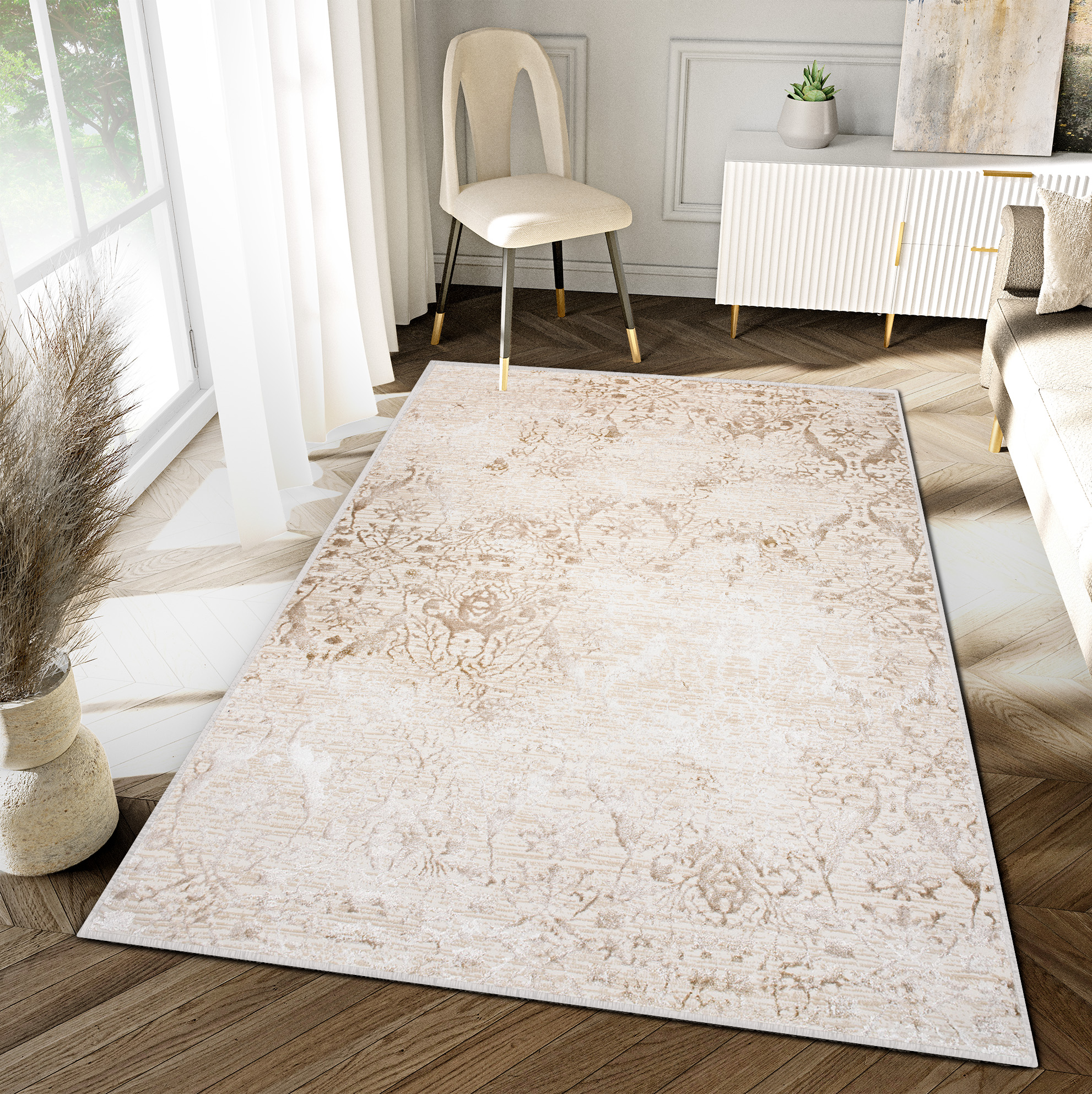 Area Rug Hera Cream Beige Ornaments Vintage 3D Effect