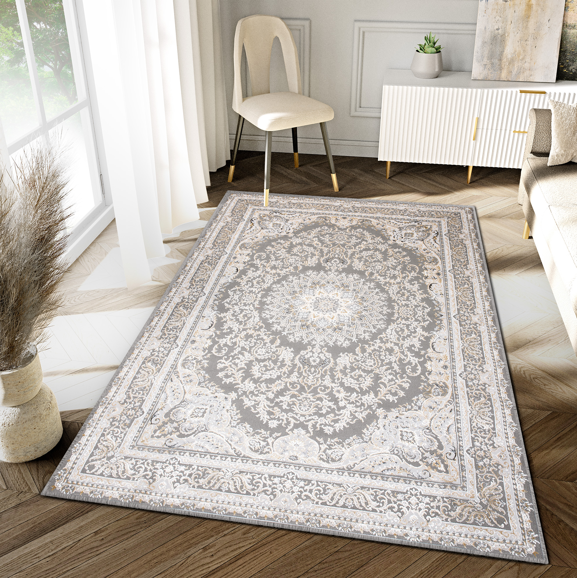 Area Rug Hera Grey Cream Beige Traditional 3D Effect