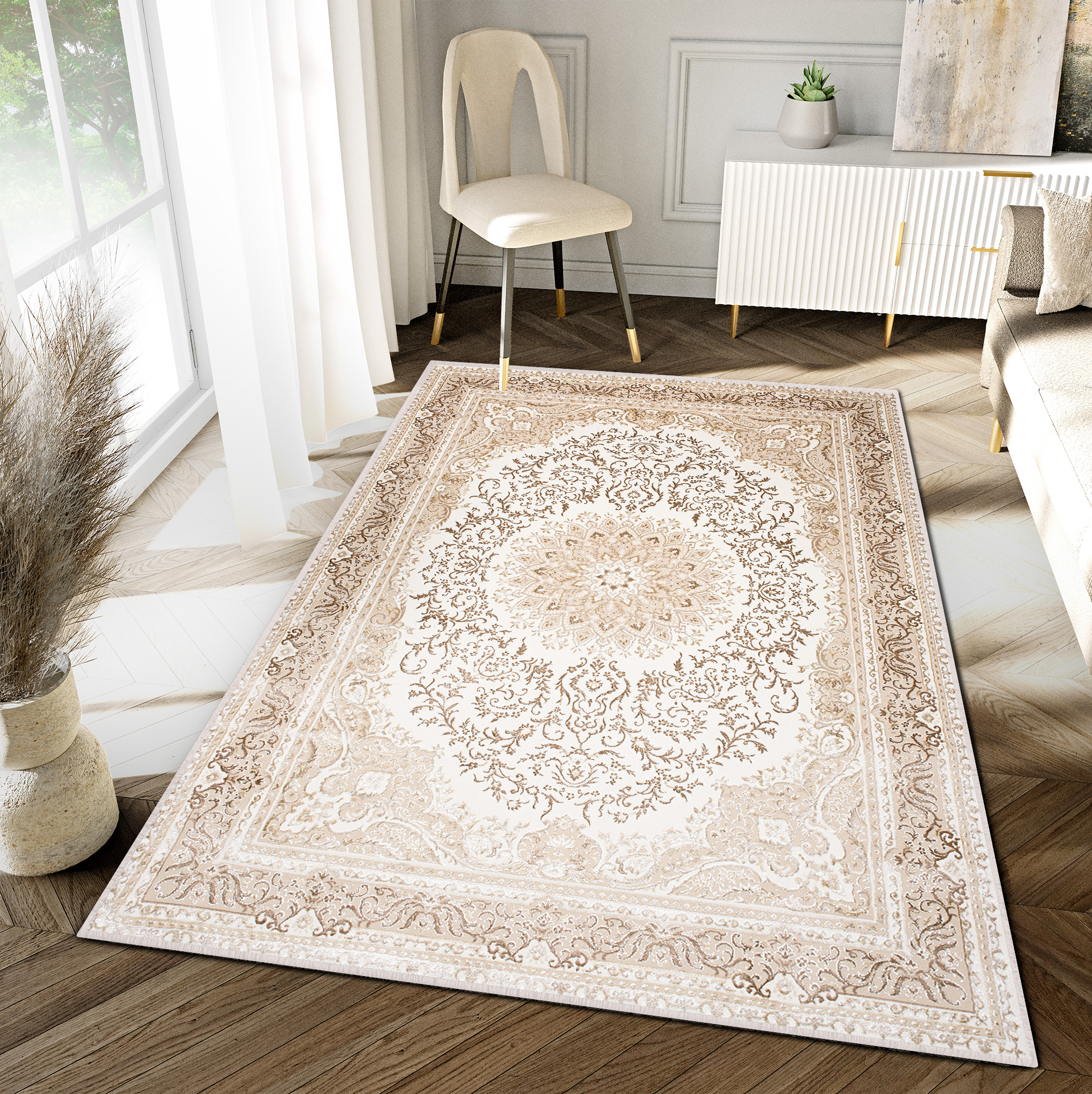 Area Rug Hera Cream Brown Traditional Rosette 3D Effect