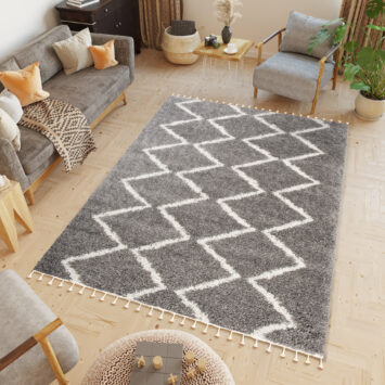Area Rug Boho Shaggy Fringes ZigZag Dark Grey Cream