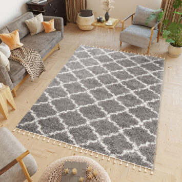 Area Rug Boho Shaggy Fringes Trellis Grey Cream Moroccan