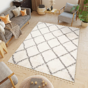 Area Rug Boho Shaggy Fringes Diamond Lines Cream Grey
