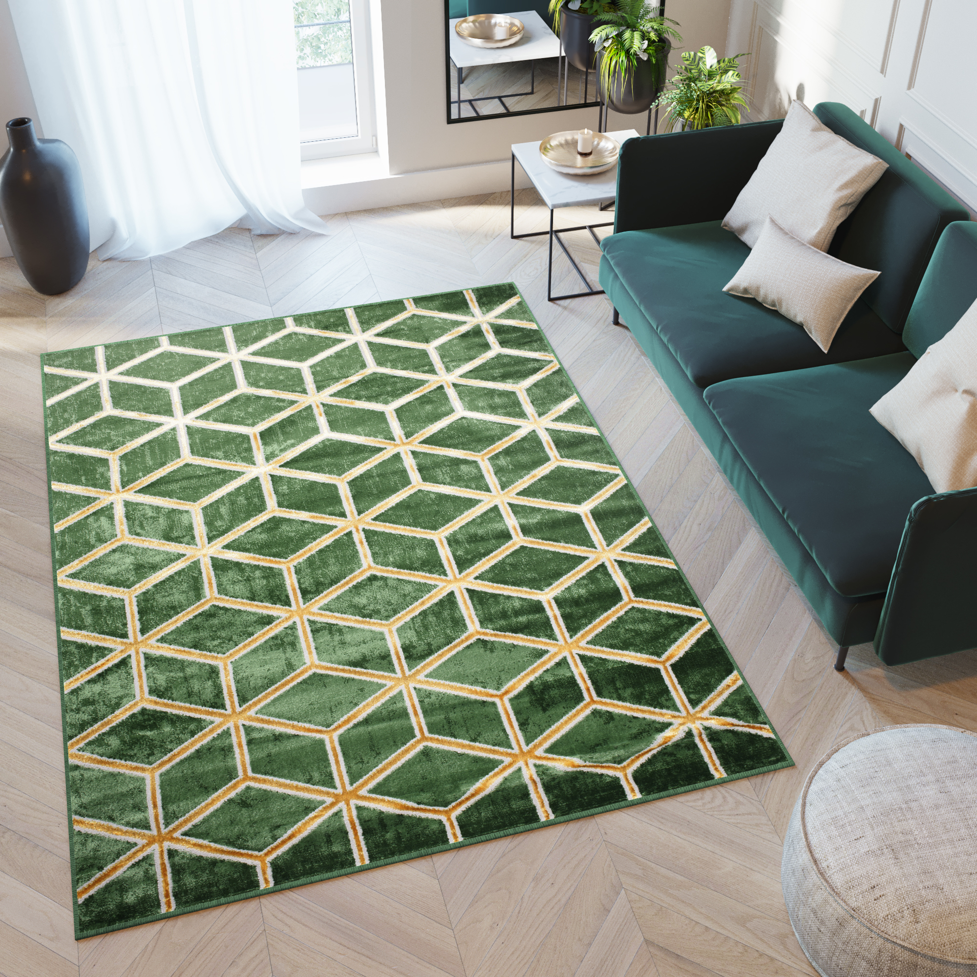 Area Rug Turmalin Green Gold Geometric Cubes