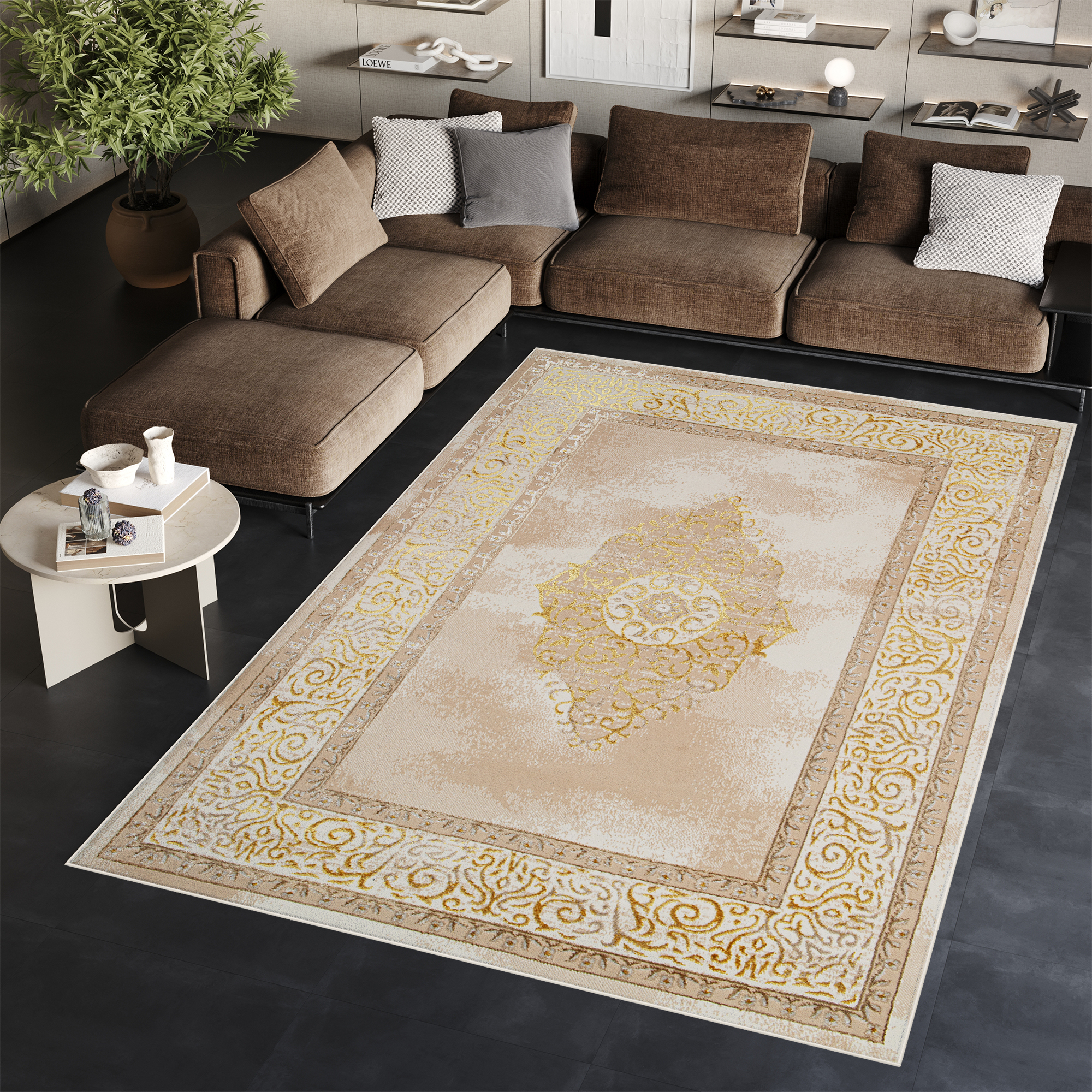 Area Rug Ares Gold Beige Rosette Vintage