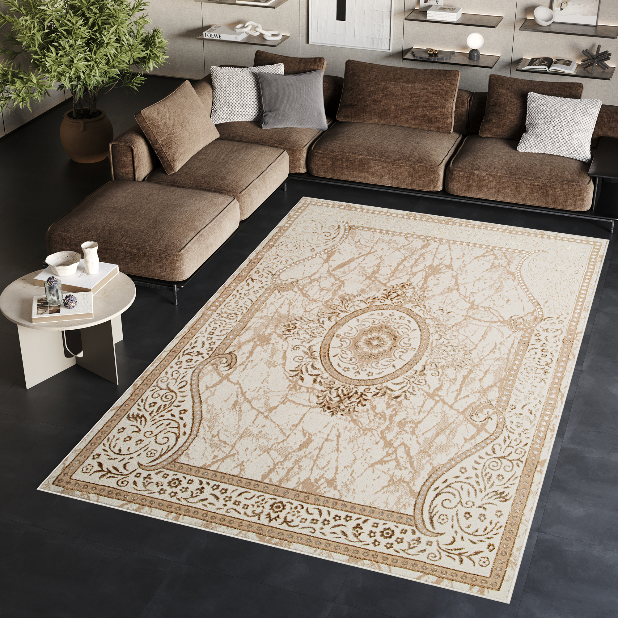 Area Rug Ares Brown Beige Traditional Rosette