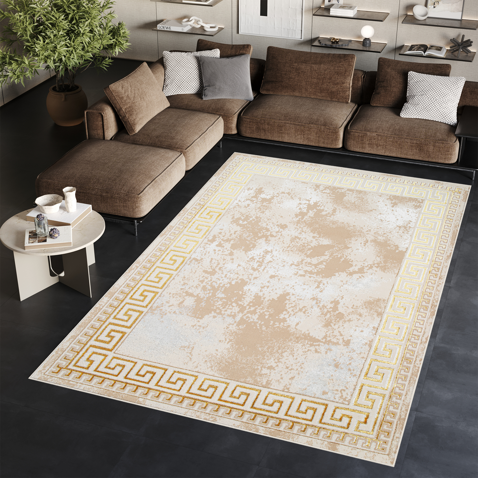 Area Rug Ares Gold Beige Frame Abstract