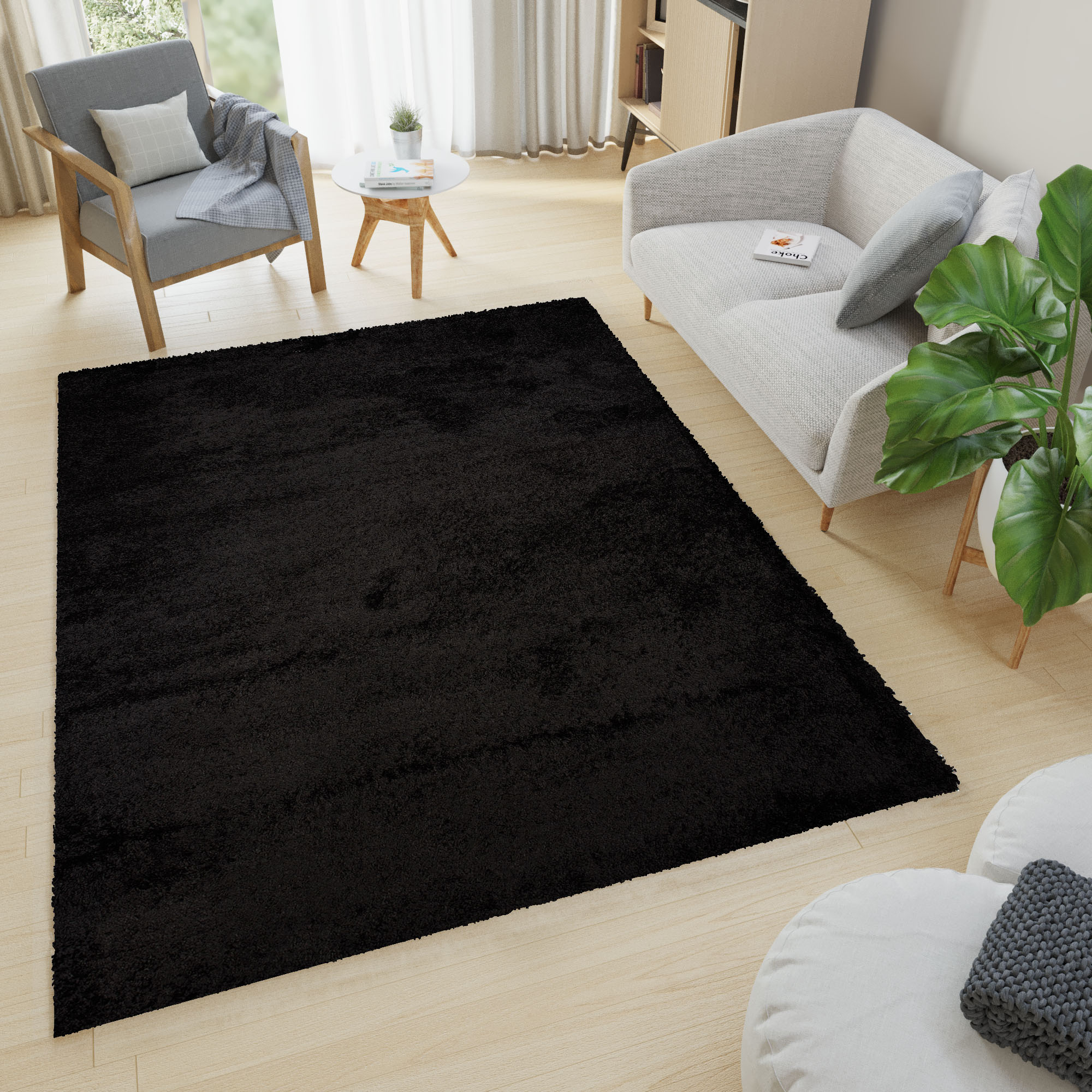 Area Rug Evra Shaggy Dark Plain Black