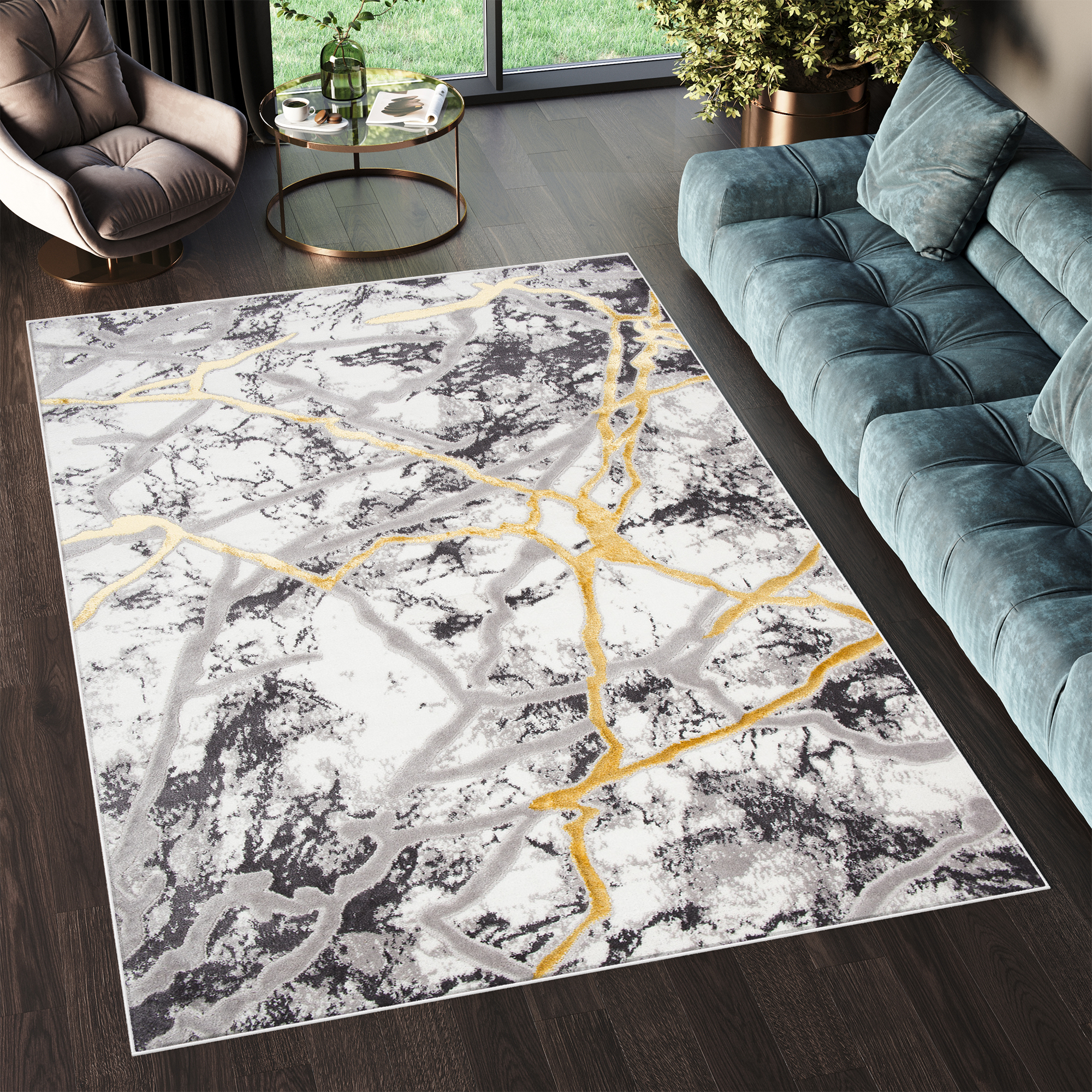 Area Rug Shine Grey Gold Abstract Marble 3D Effect