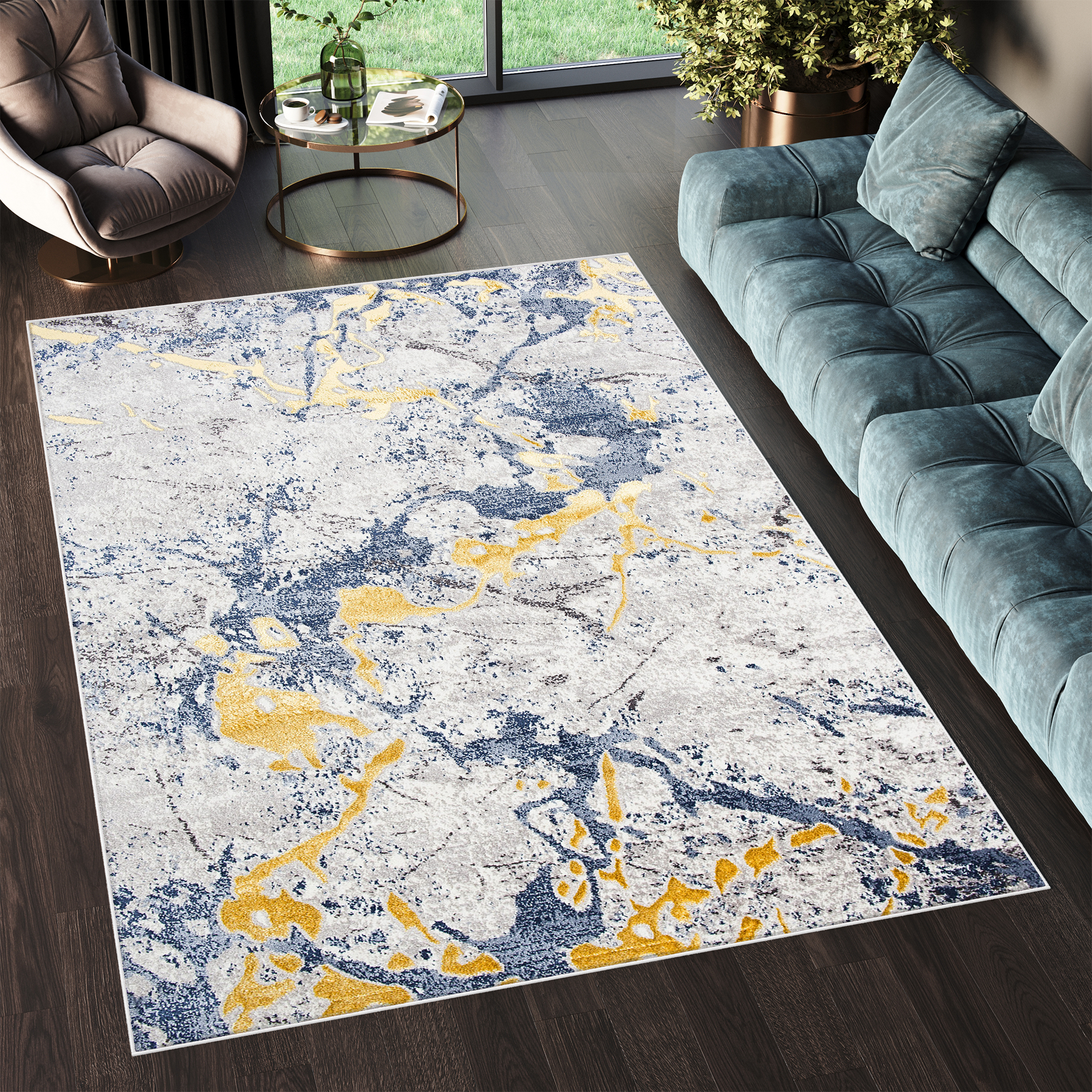 Area Rug Shine Blue Grey Gold Abstract 3D Effect