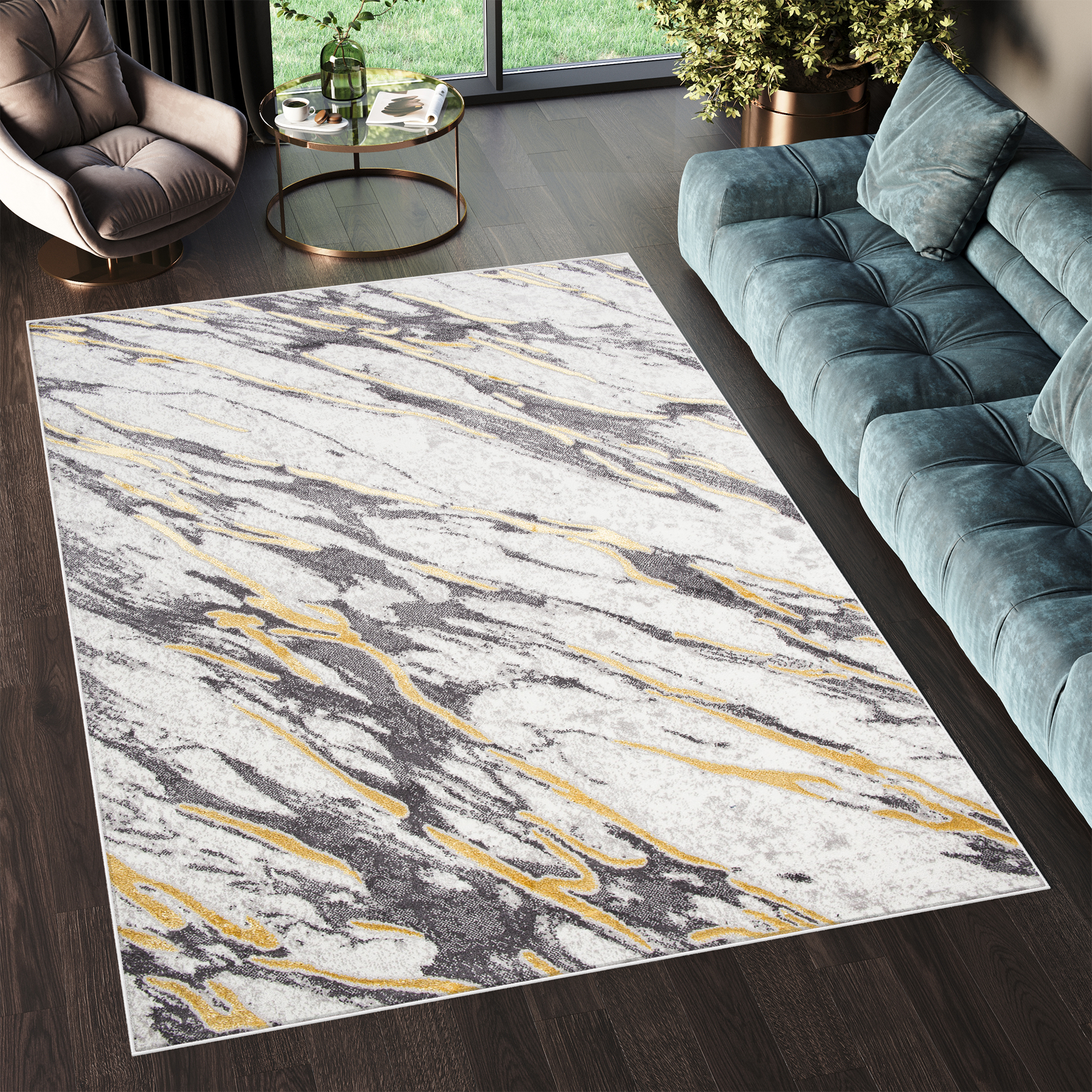 Area Rug Shine Grey Gold Marble Abstract 3D Effect