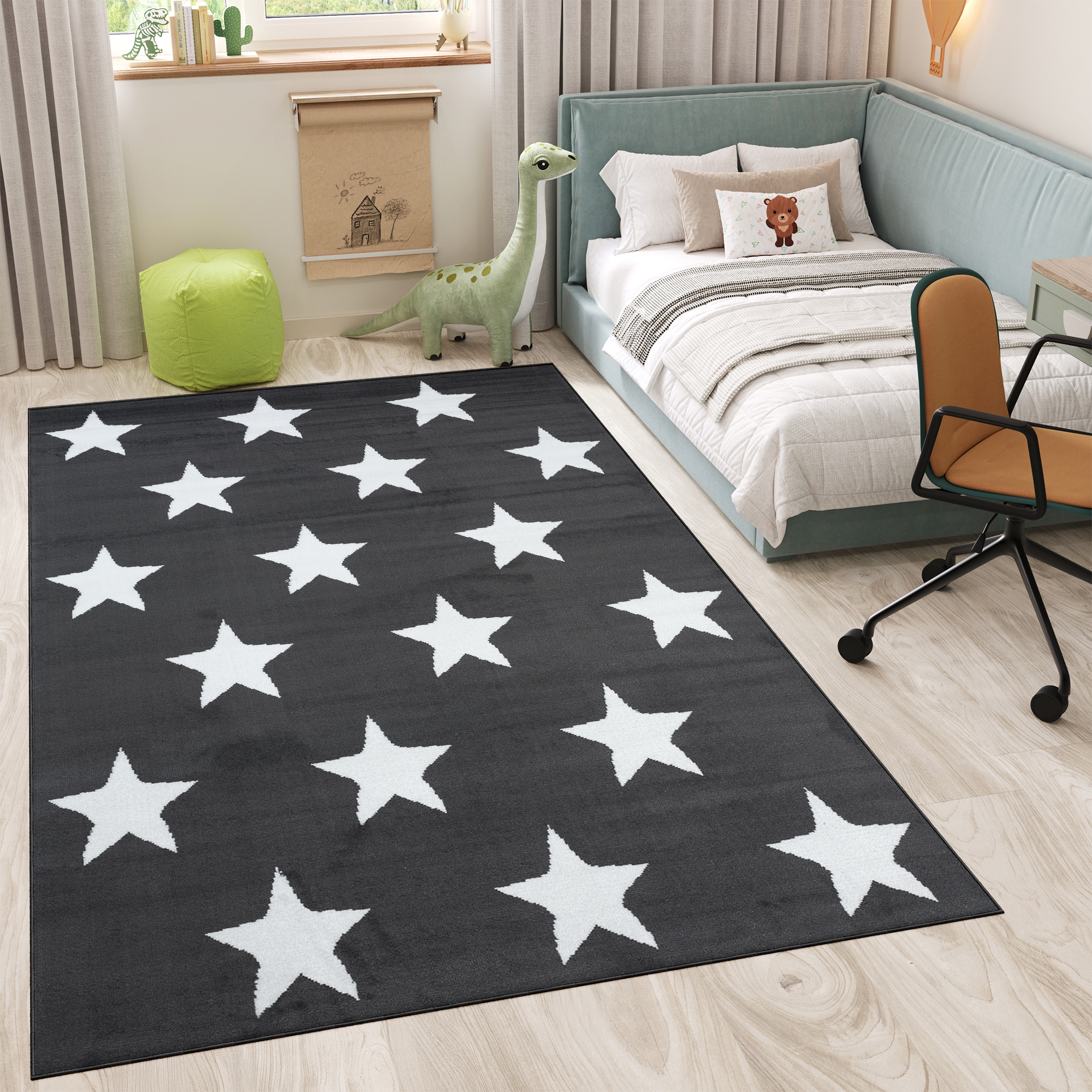 Area Rug Luxury Short Pile Stars Dark Grey White Teenager