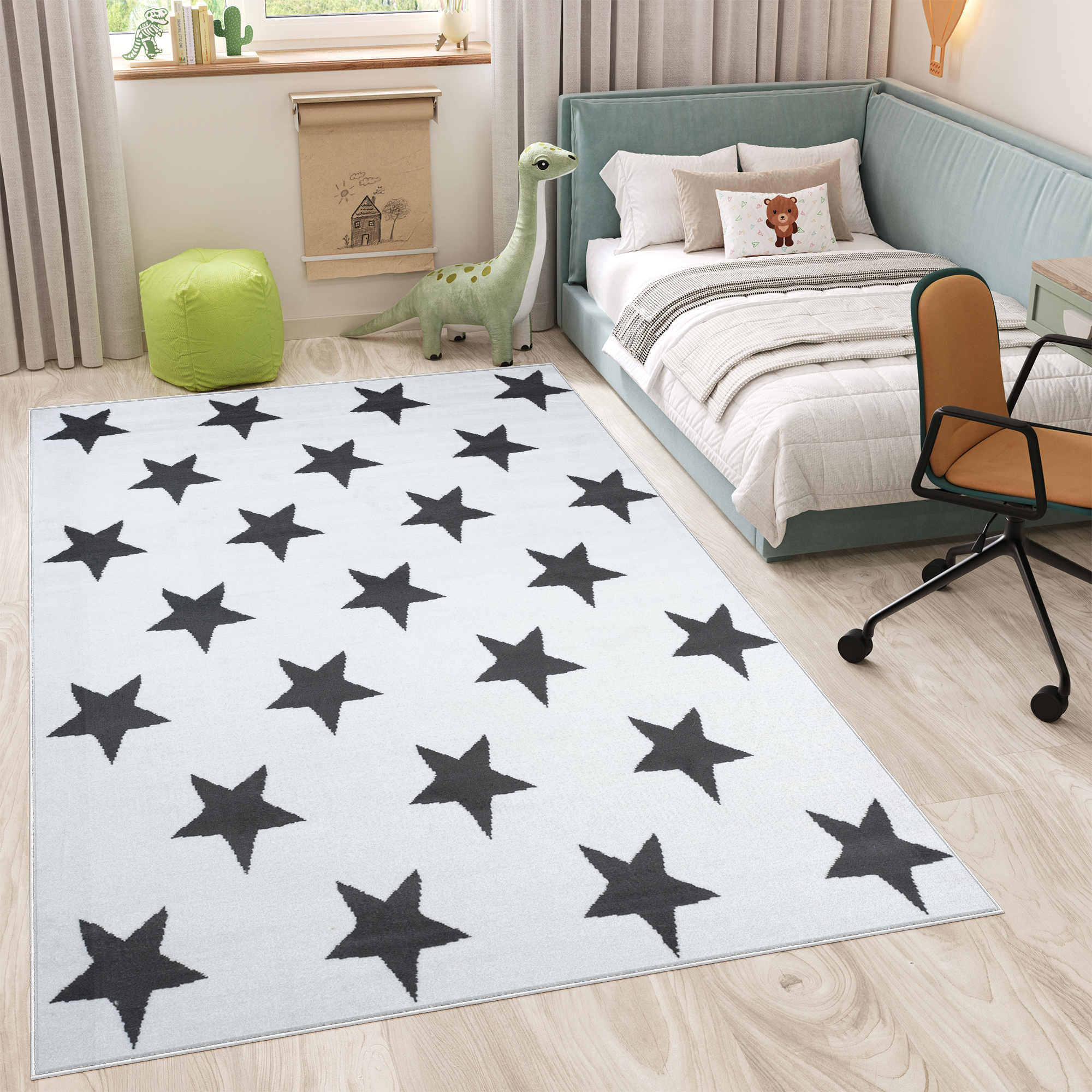 Area Rug Luxury Short Pile Stars White Dark Grey Teenager