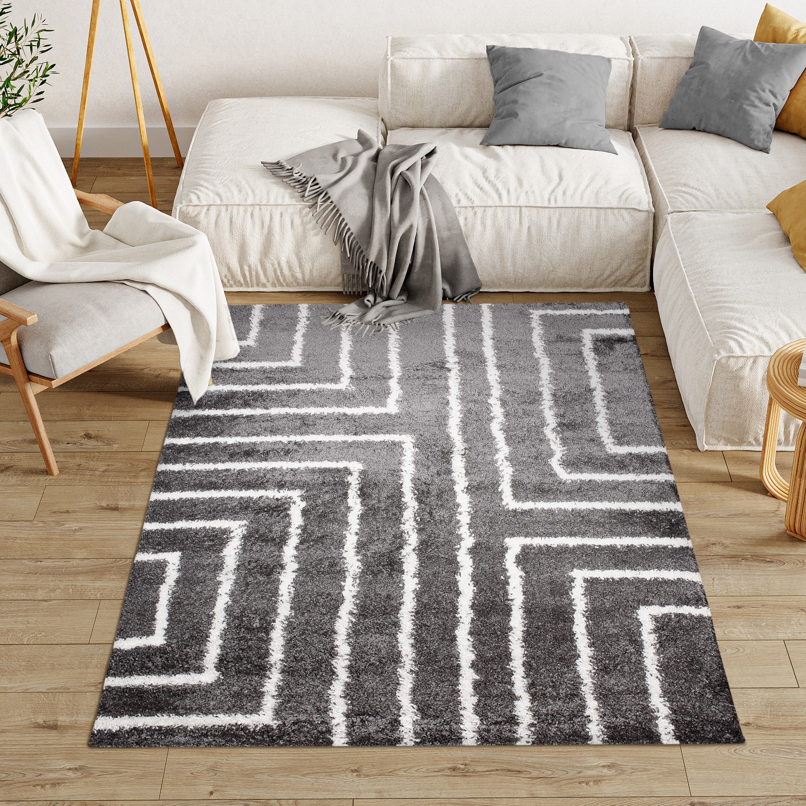 Area Rug Evra Shaggy Dark Grey Cream Lines