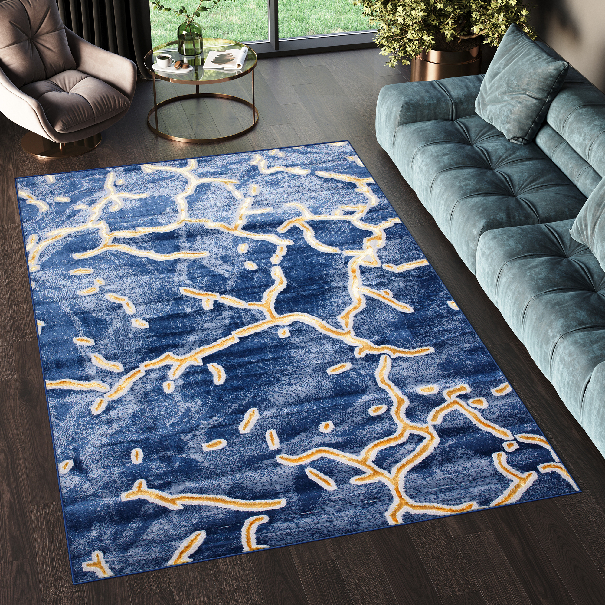 Area Rug Shine Navy Gold Abstract 3D Effect