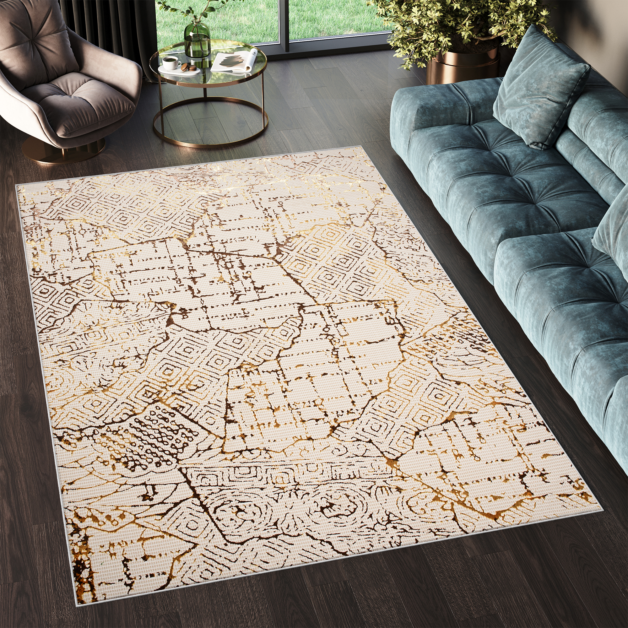 Area Rug Golden Cream Gold Patchwork