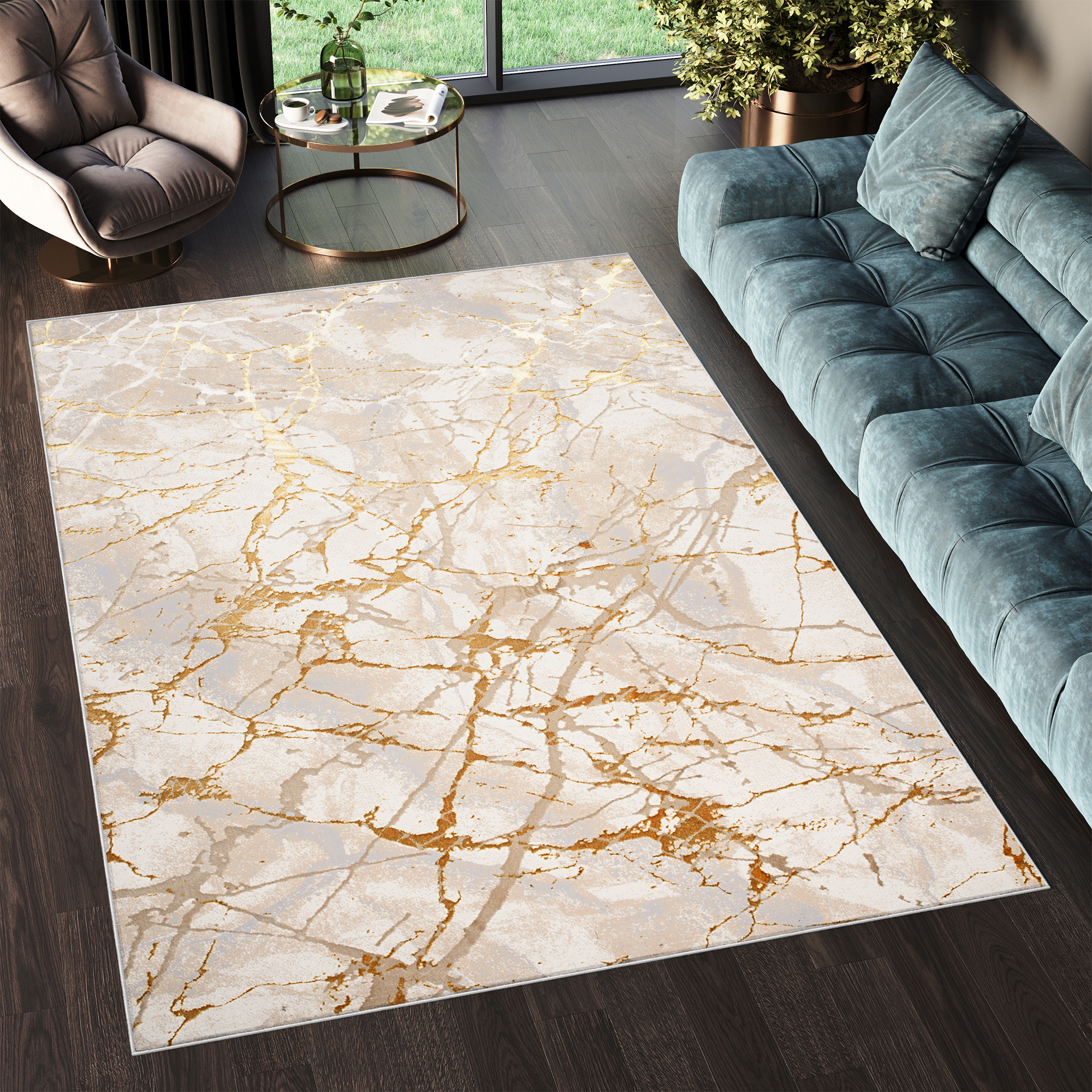 Area Rug Golden Cream Gold Abstract Lines