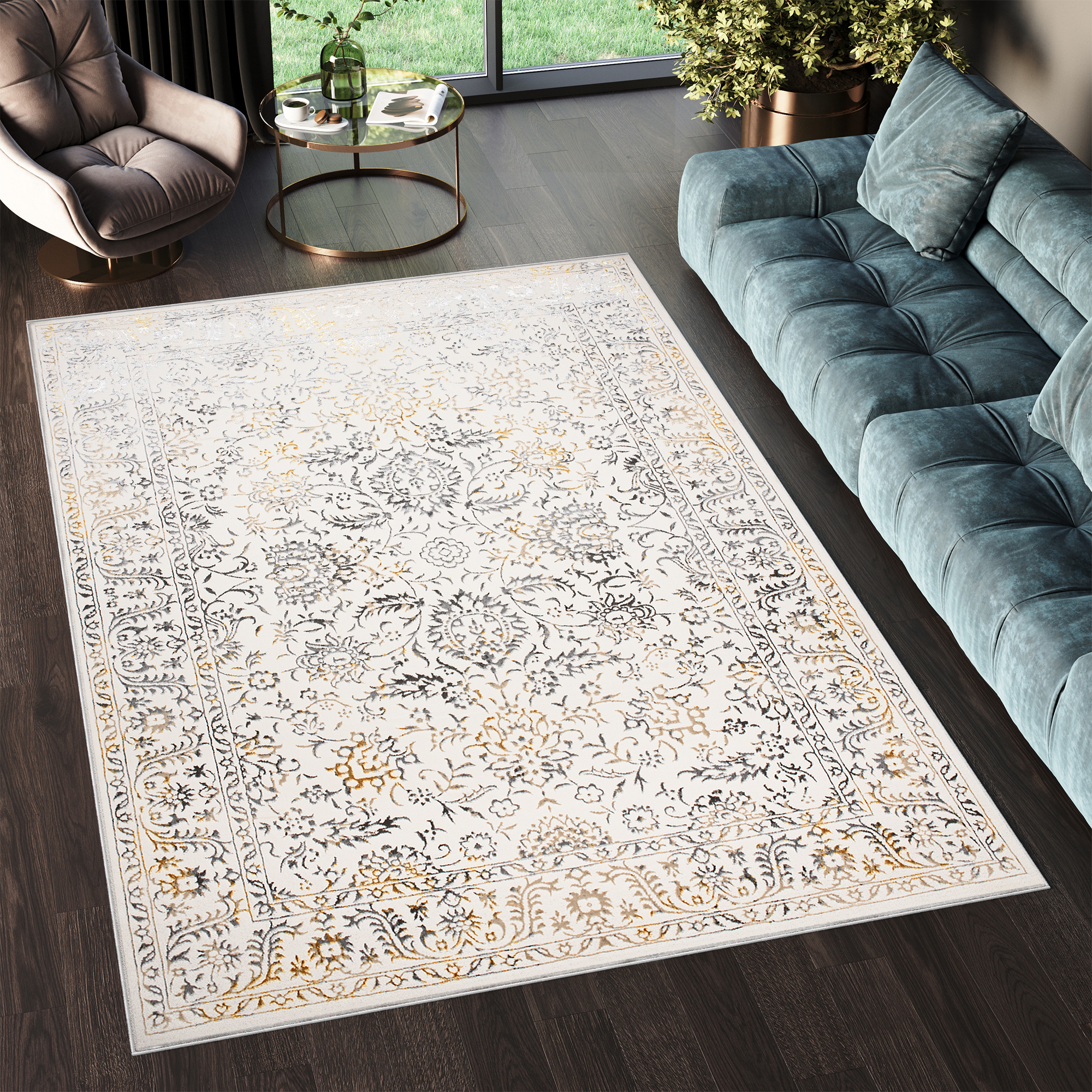 Area Rug Golden Cream Gold Grey Vintage Frame