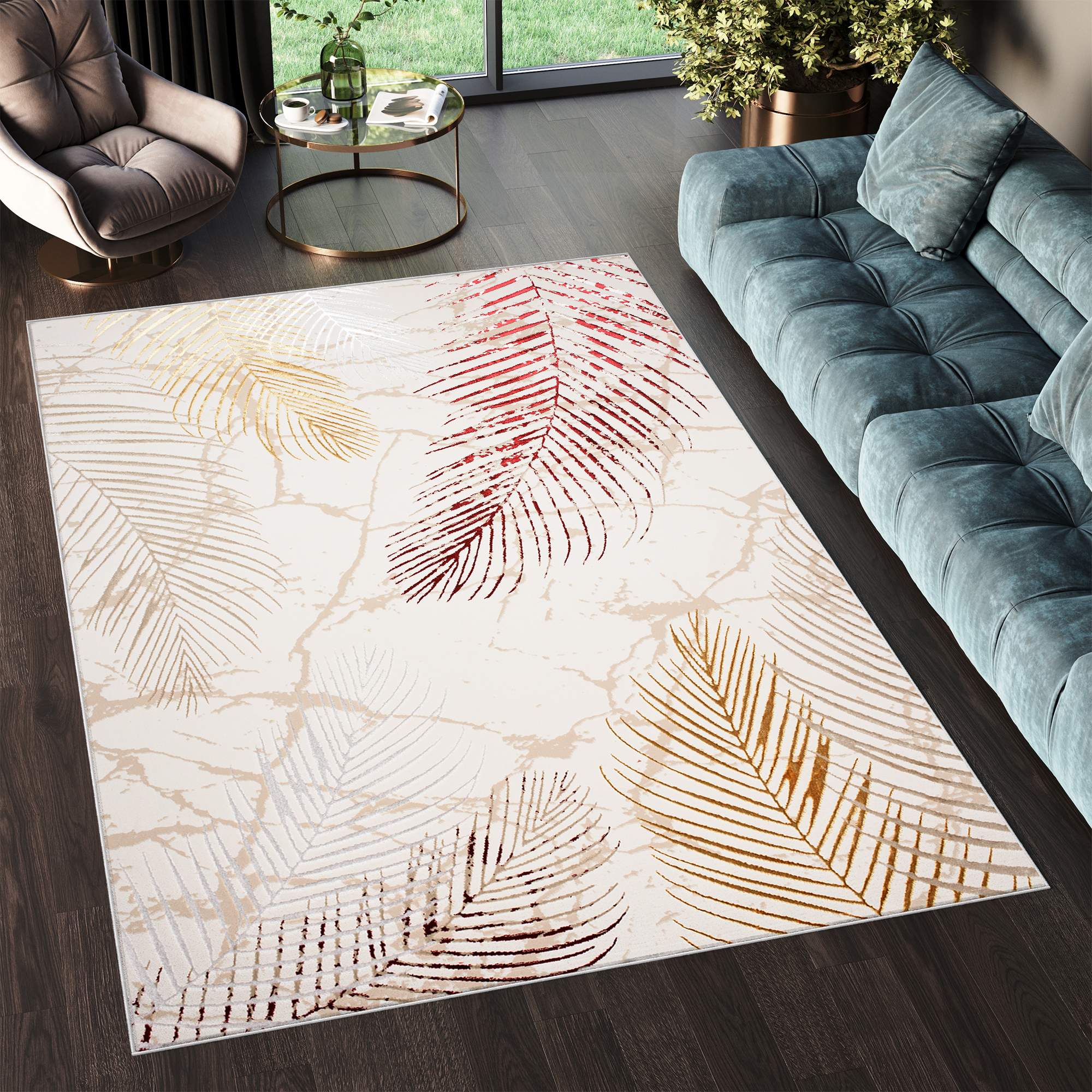 Area Rug Golden Cream Gold Red Leaves