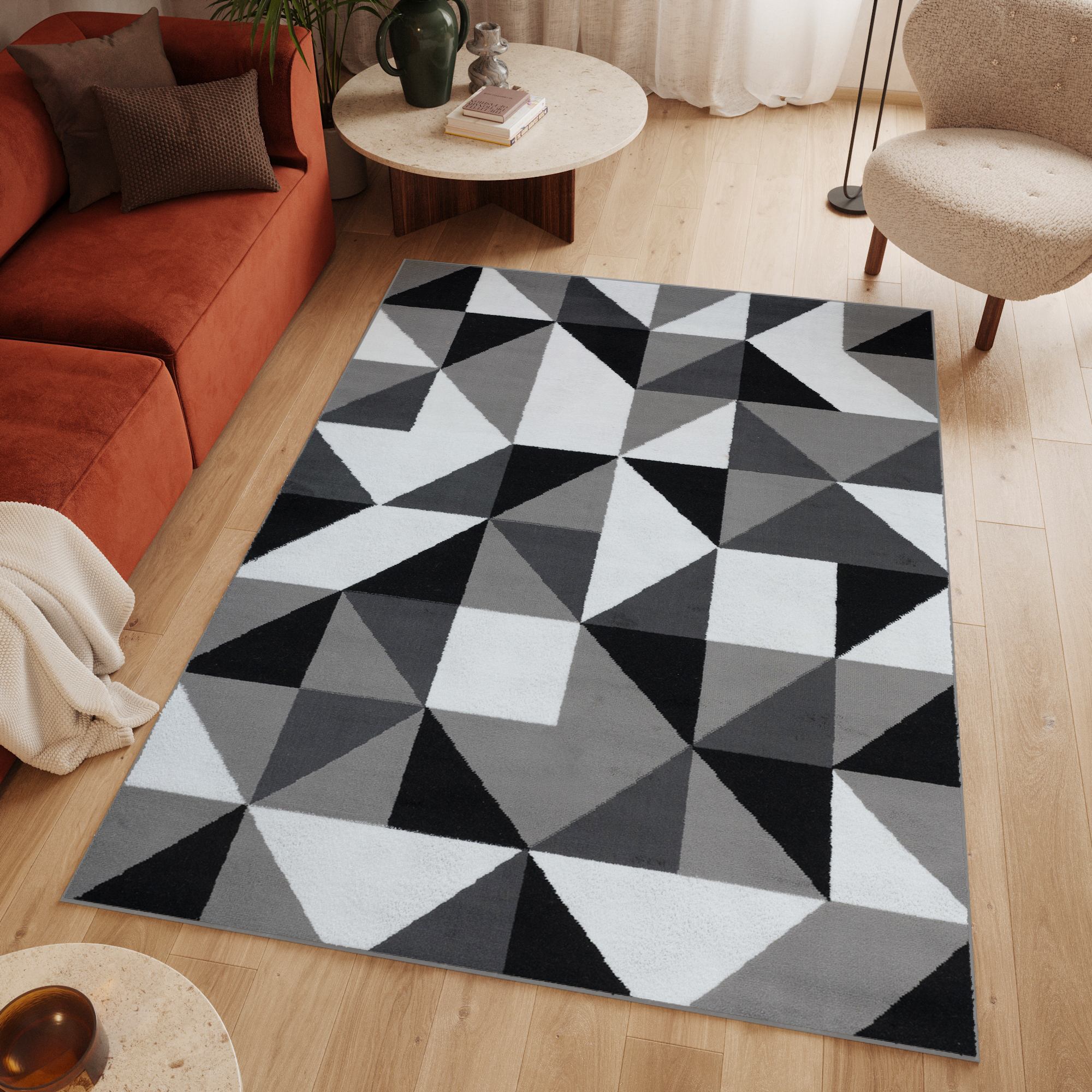 Area Rug Luxury Short Pile Triangle Geometric Grey White