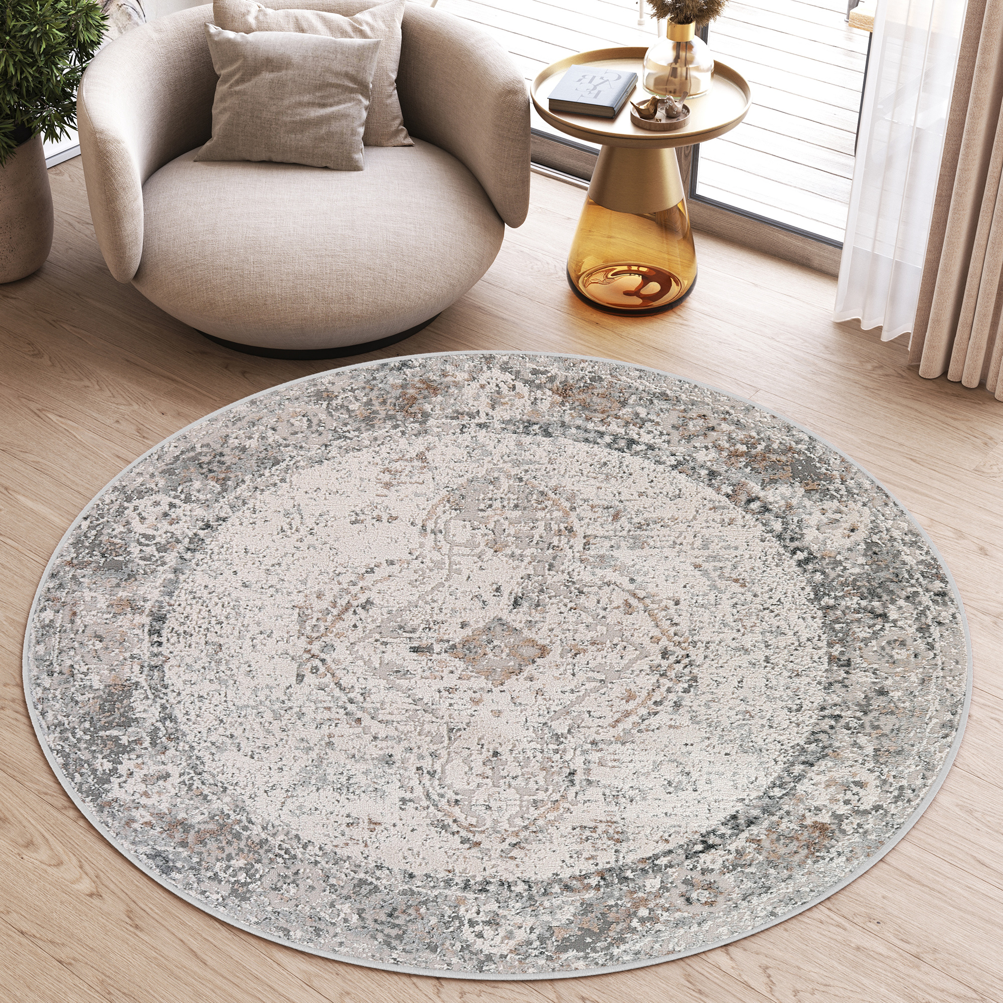 Area Rug Valley Round Grey Ornaments Vintage