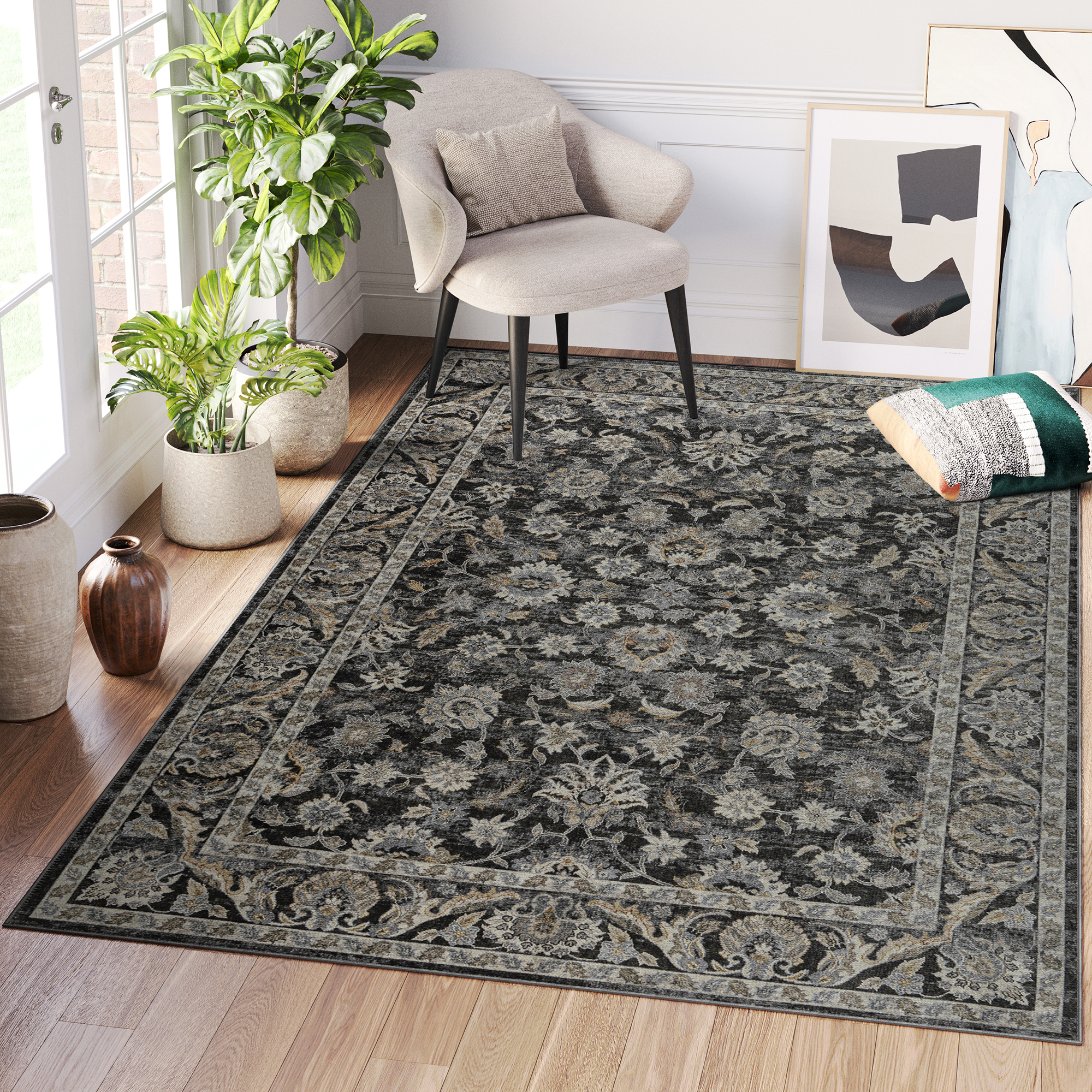 Area Rug Ritz Black Grey Floral Ornaments