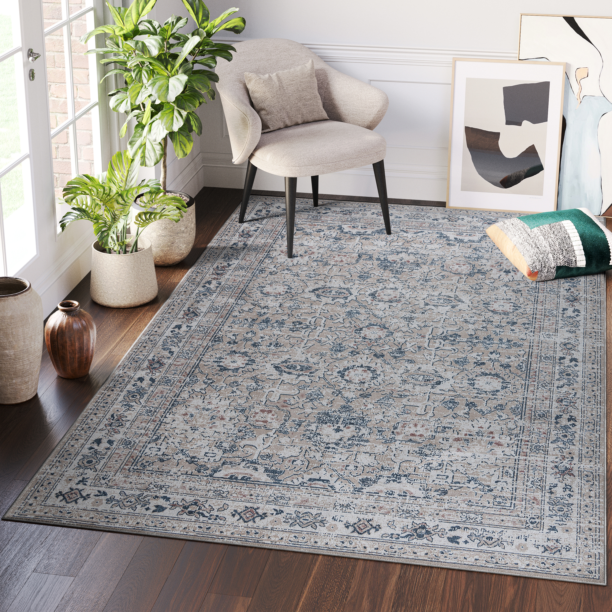 Area Rug Ritz Beige Navy Ornaments